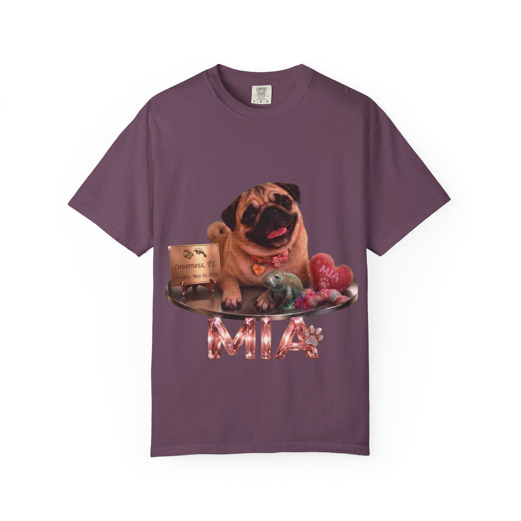 Pug Pet Portrait T-Shirt — Personalized "MIA" Dog Design
