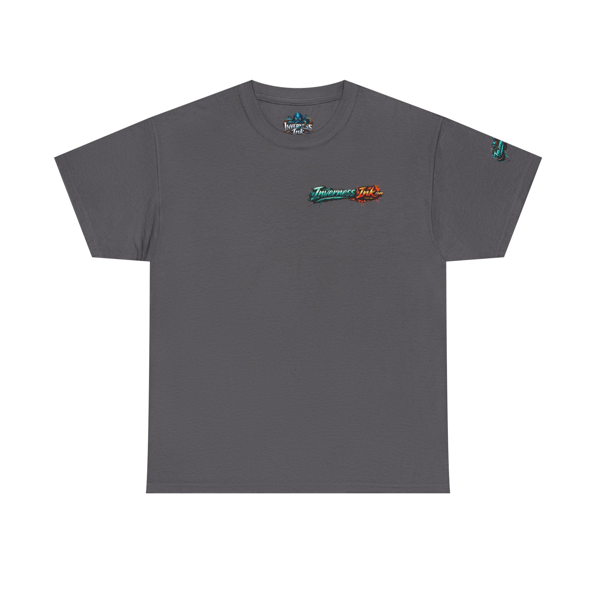 Inverness Ink Graphic Tee — Bold Blue & Orange Splash Backprint