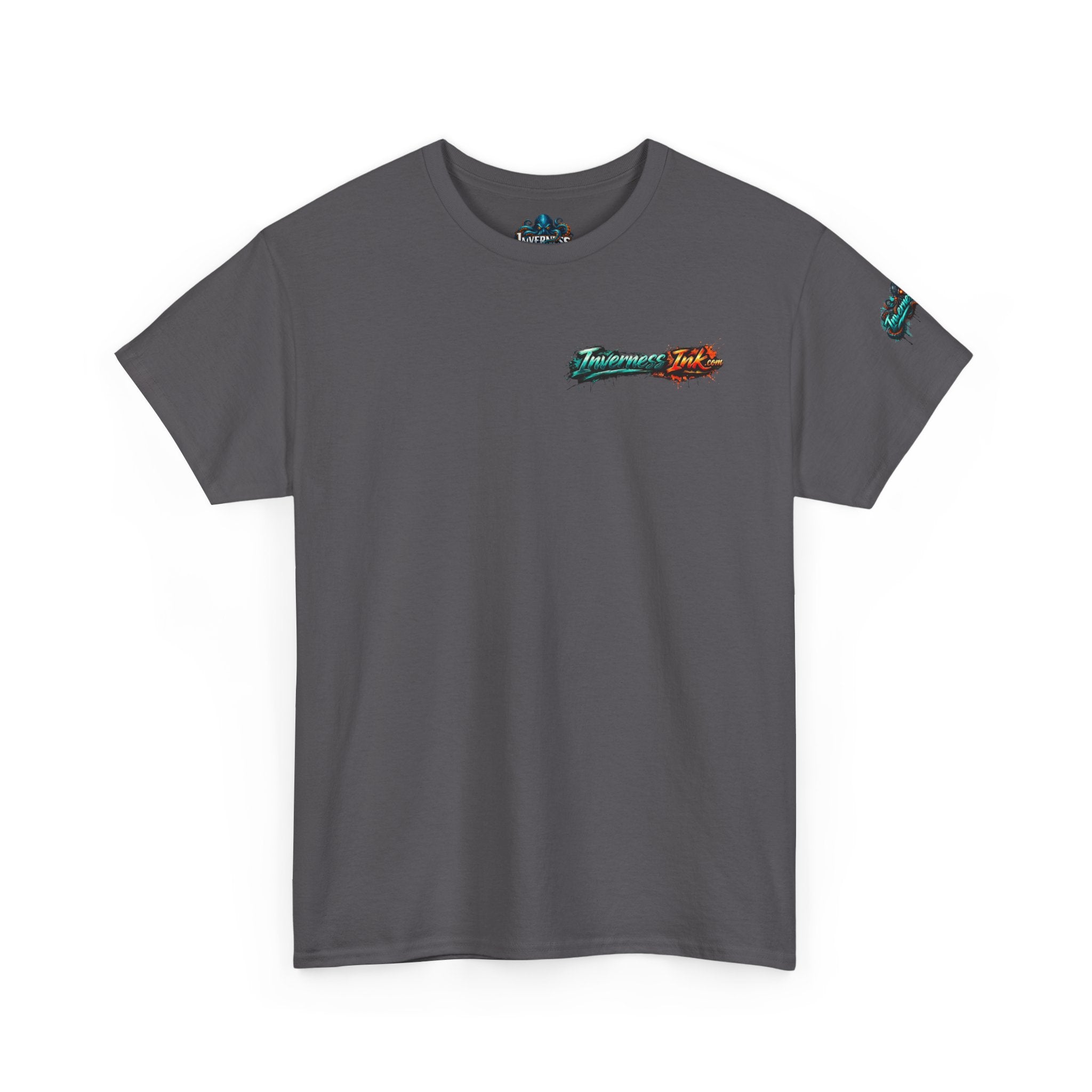 Inverness Ink Graphic Tee — Bold Blue & Orange Splash Backprint