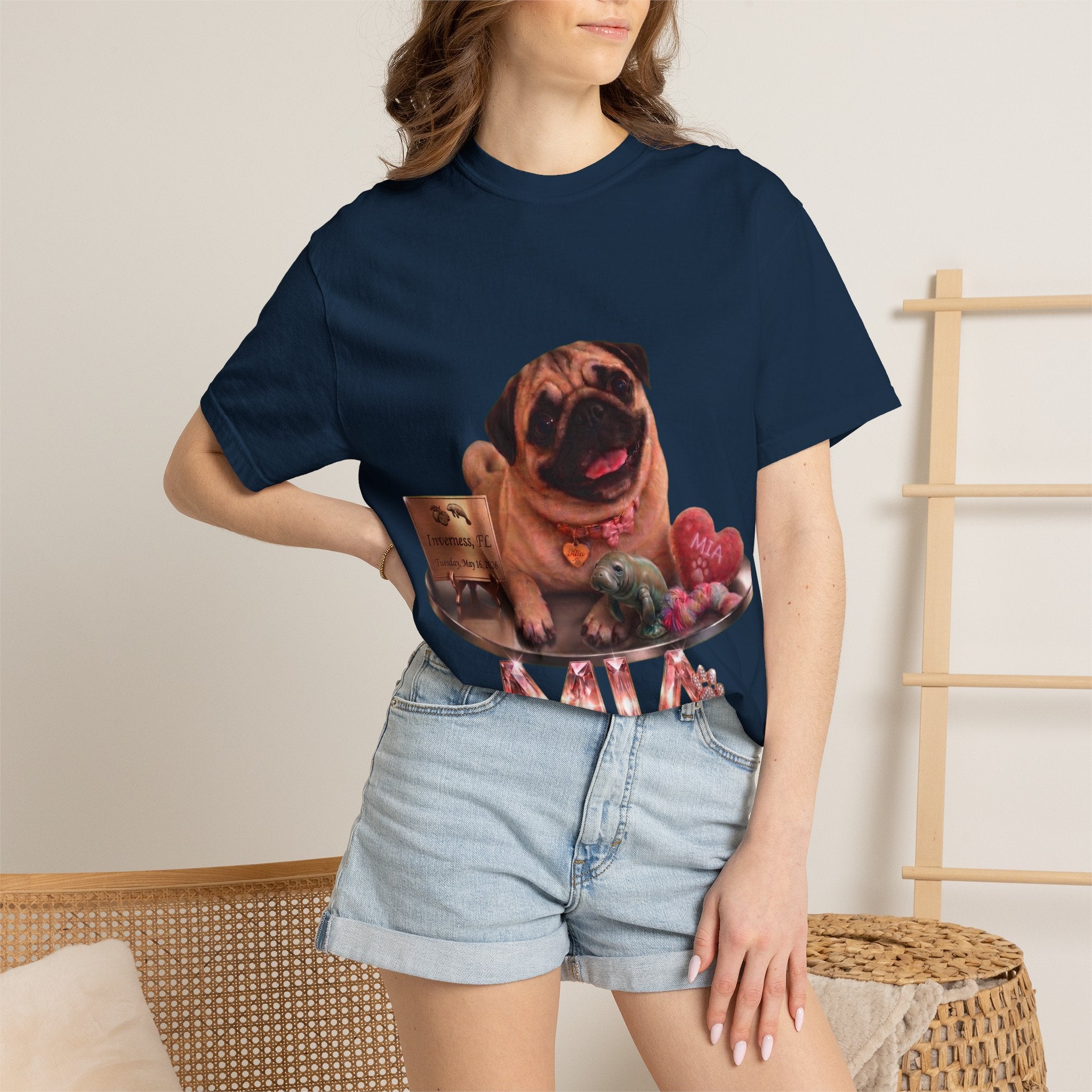 Pug Pet Portrait T-Shirt — Personalized "MIA" Dog Design
