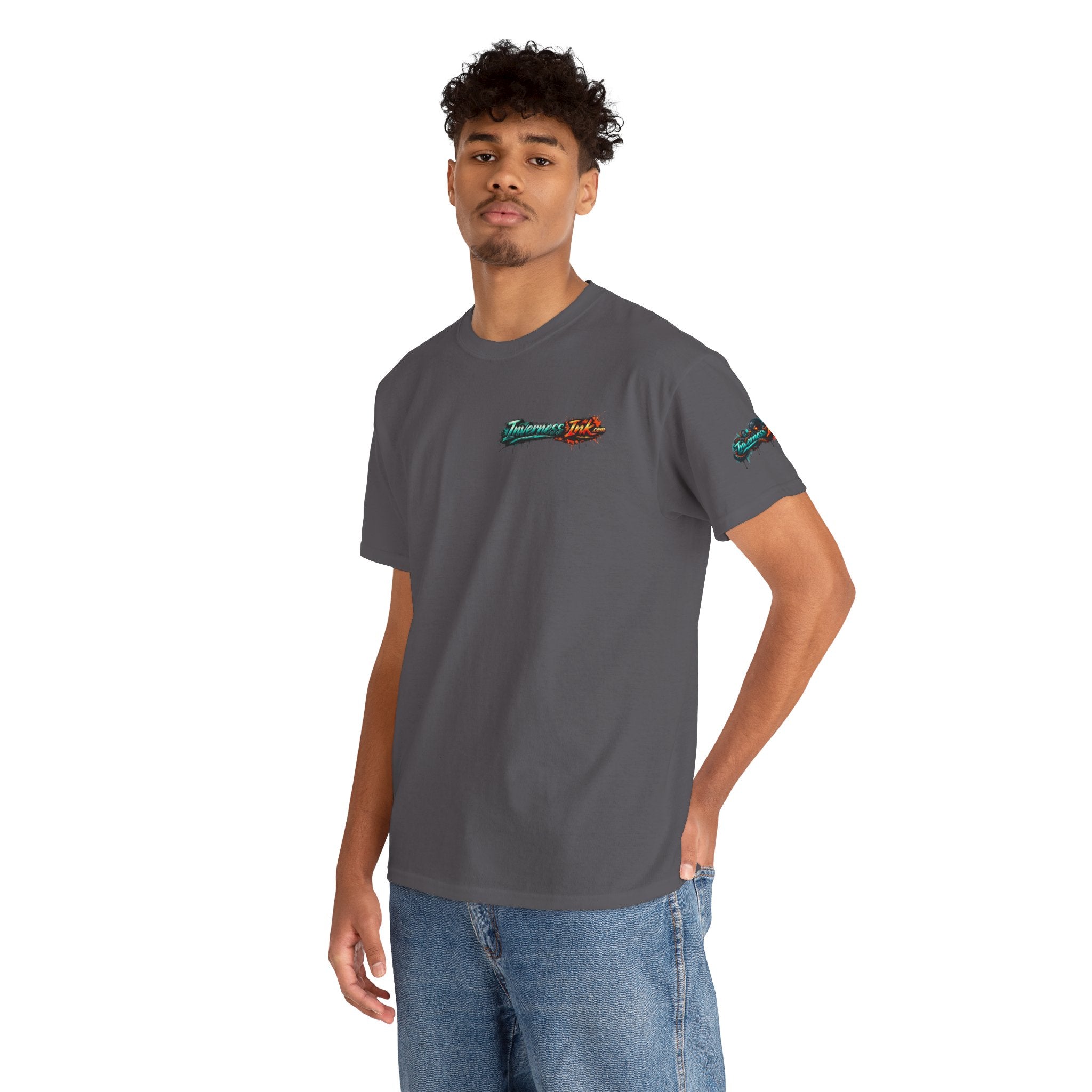 Inverness Ink Graphic Tee — Bold Blue & Orange Splash Backprint