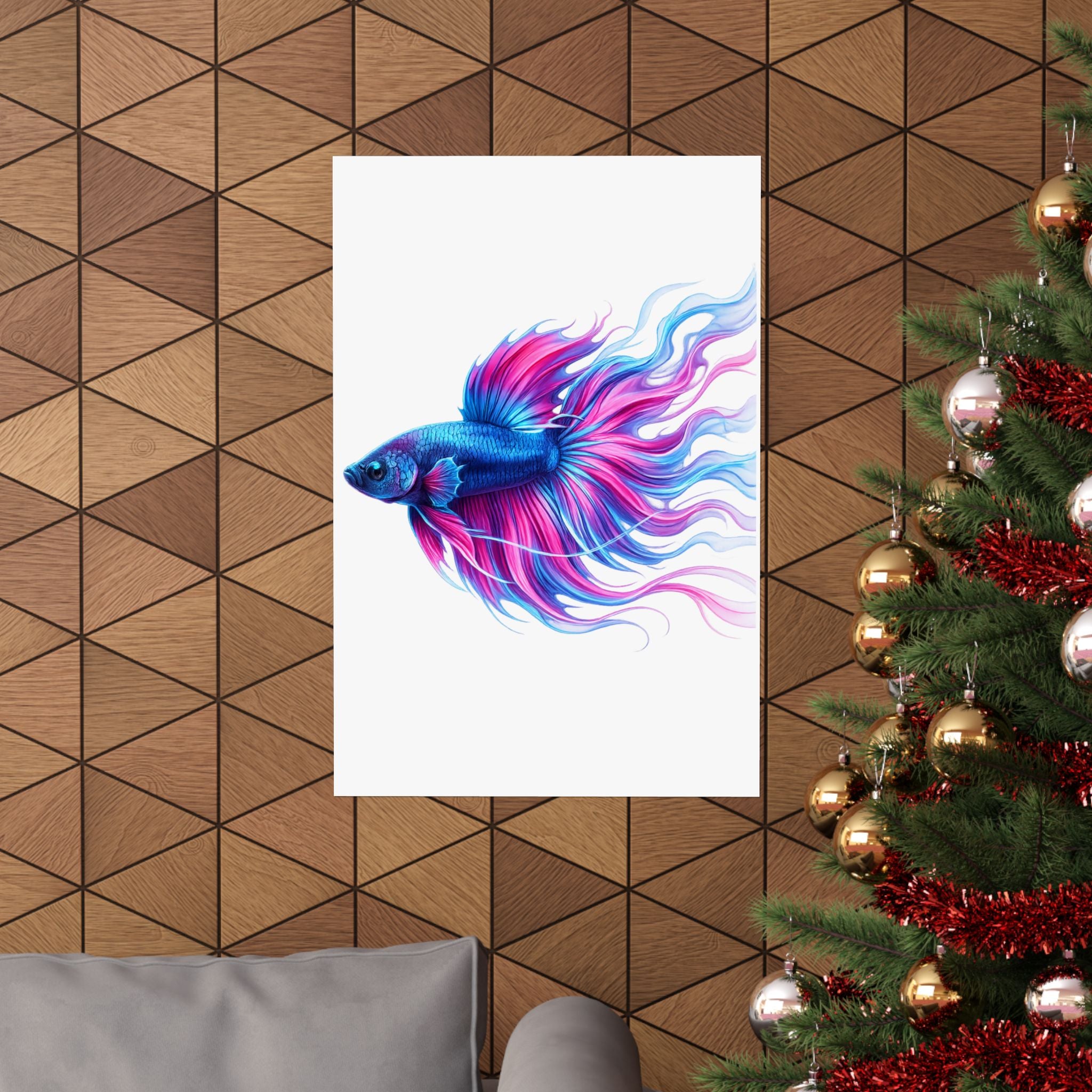 Betta Fish Art Poster — Colorful Blue & Pink Matte Vertical Wall Print