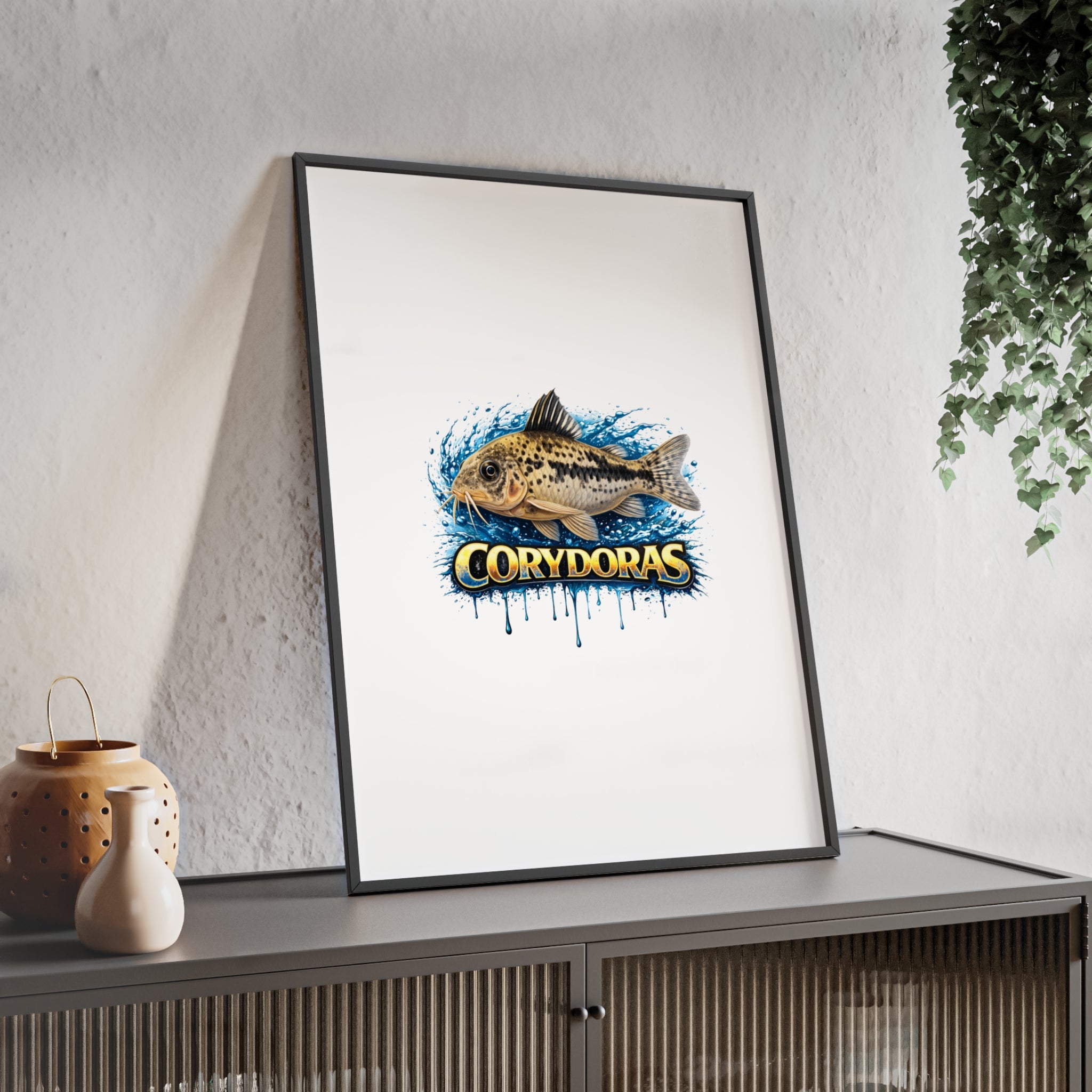 Peppered Corydoras Fish Poster with Wooden Frame — Aquarium Wall Art