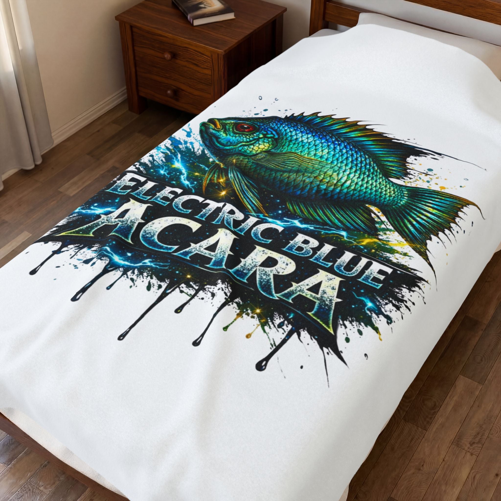 Electric Blue Acara Velveteen Plush Blanket — Vibrant Fish Design for Aquarium Lovers