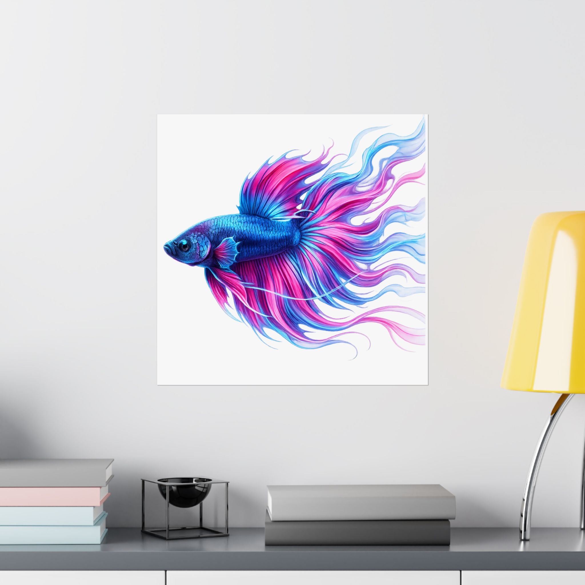 Betta Fish Art Poster — Colorful Blue & Pink Matte Vertical Wall Print