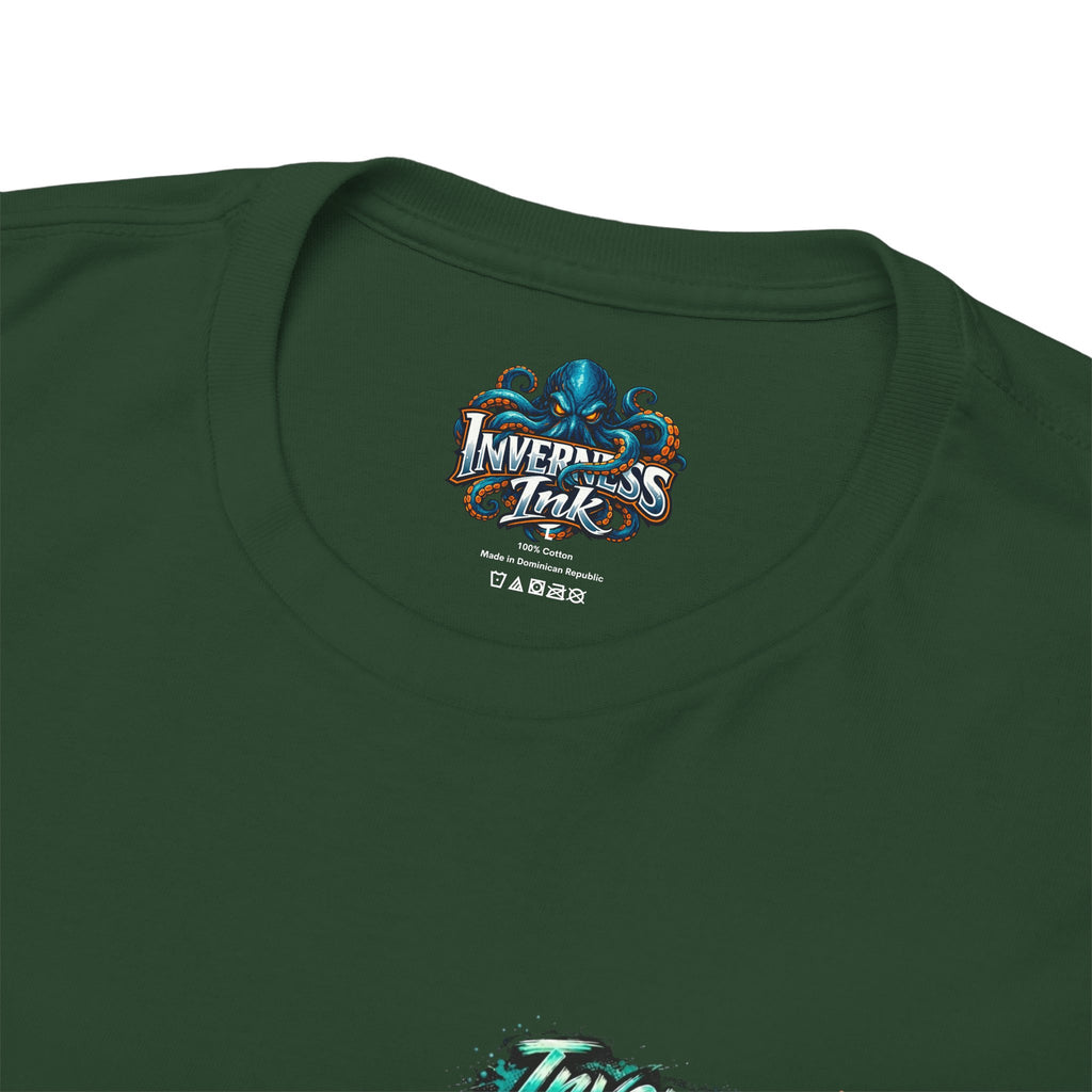 Inverness Ink Graphic Tee — Bold Blue & Orange Splash Backprint
