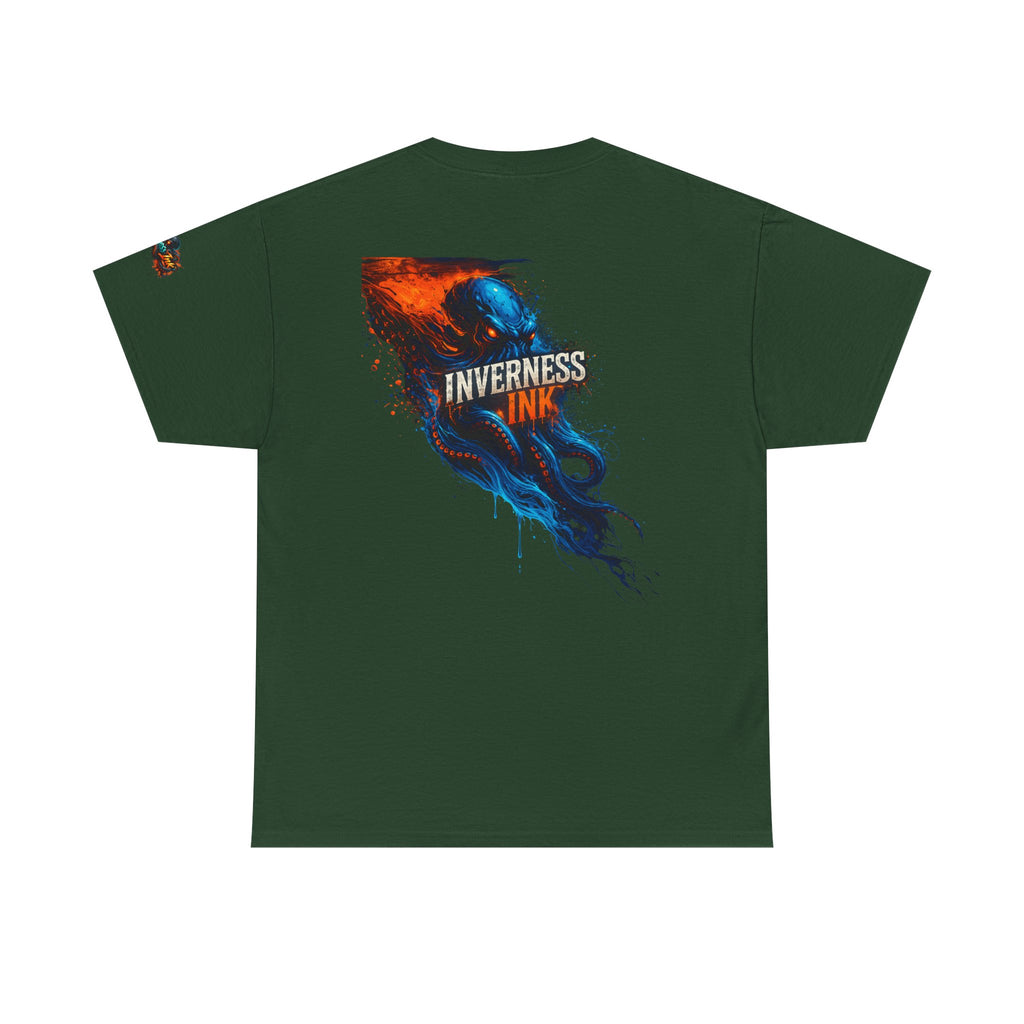 Inverness Ink Graphic Tee — Bold Blue & Orange Splash Backprint