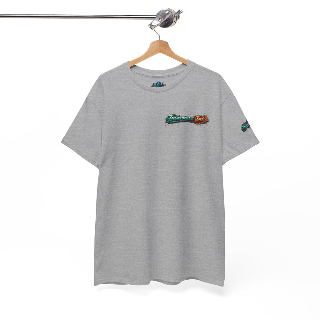 Inverness Ink Graphic Tee — Bold Blue & Orange Splash Backprint