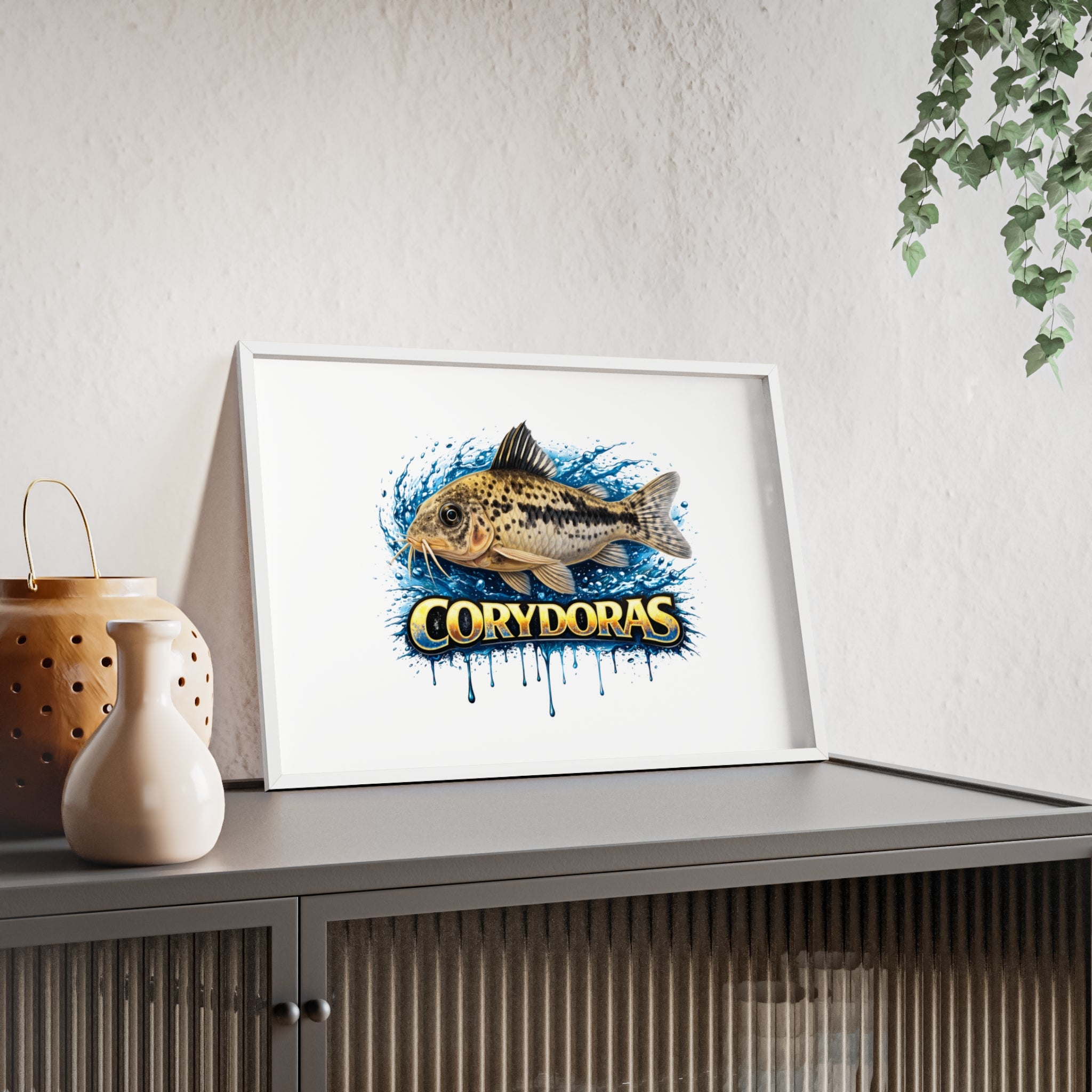 Peppered Corydoras Fish Poster with Wooden Frame — Aquarium Wall Art