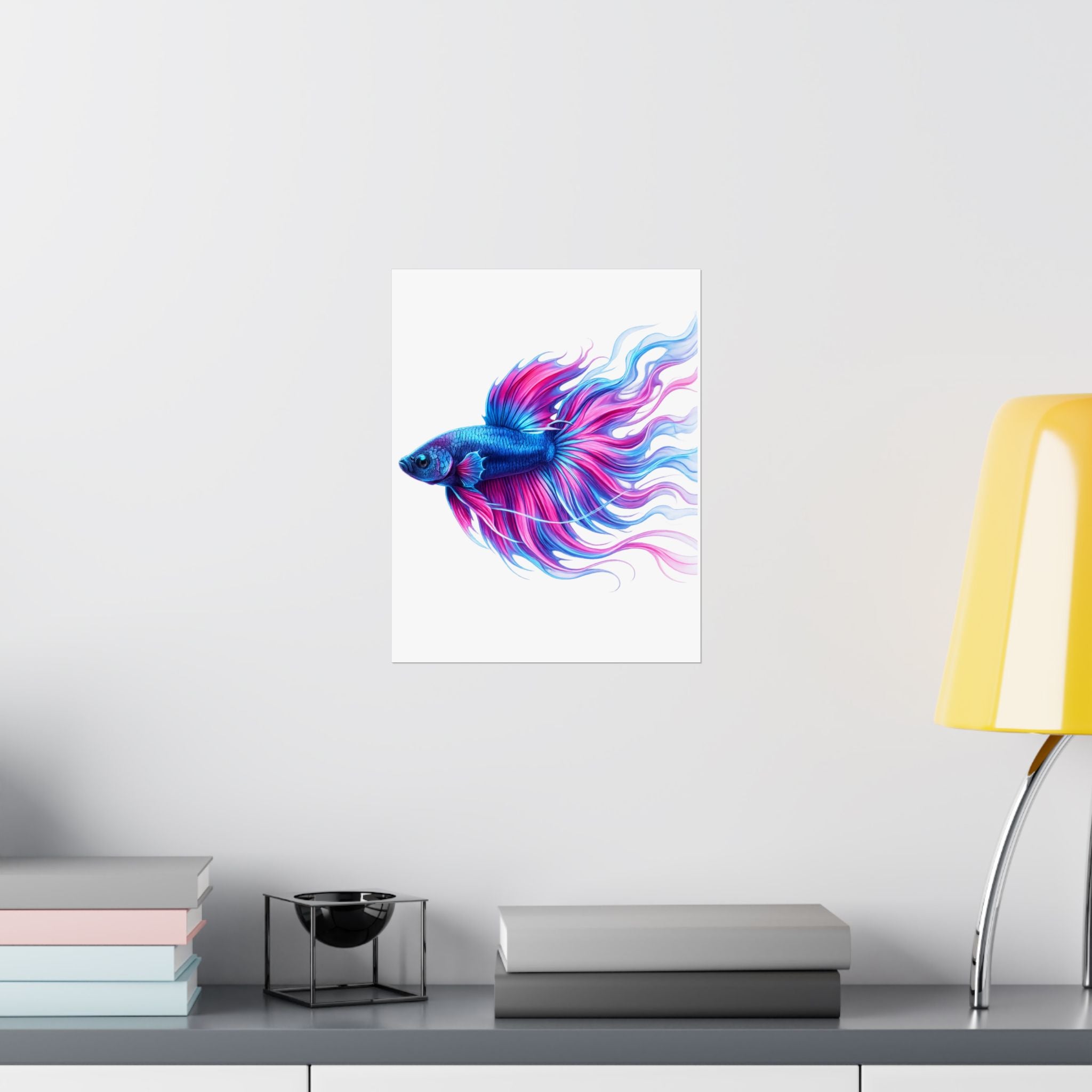 Betta Fish Art Poster — Colorful Blue & Pink Matte Vertical Wall Print