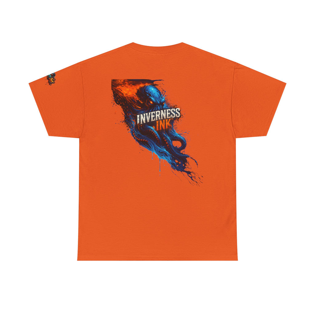 Inverness Ink Graphic Tee — Bold Blue & Orange Splash Backprint