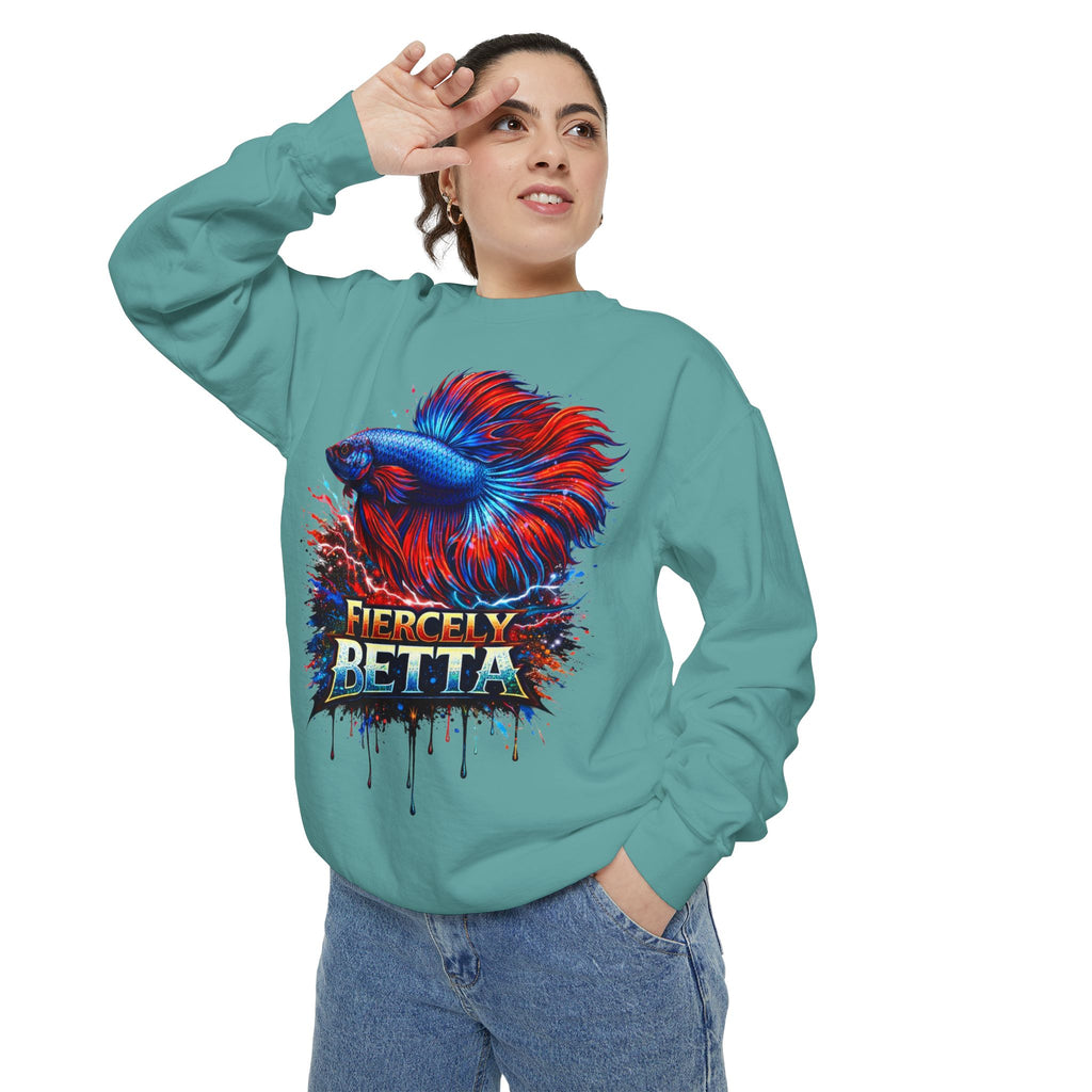 Betta Fish Sweatshirt — "Fiercely Betta" Colorful Aquarium Crewneck