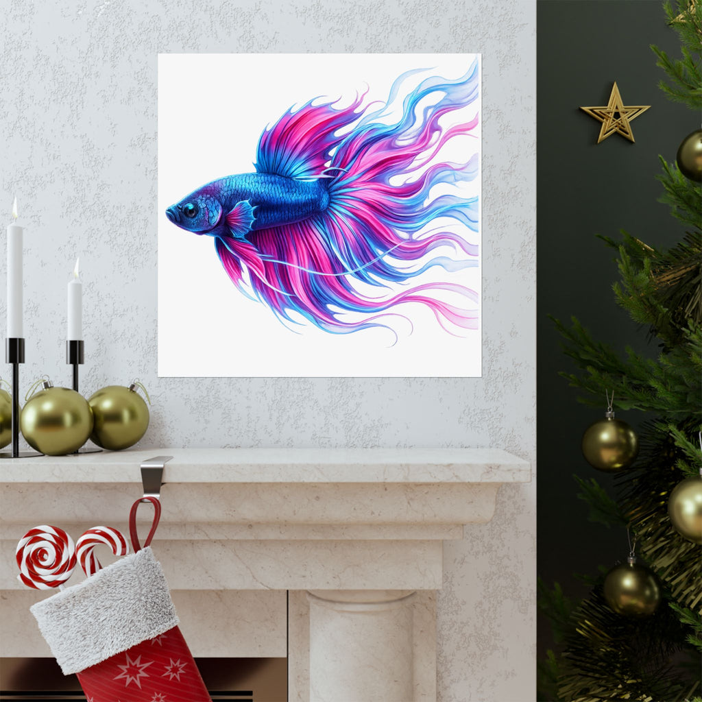 Betta Fish Art Poster — Colorful Blue & Pink Matte Vertical Wall Print