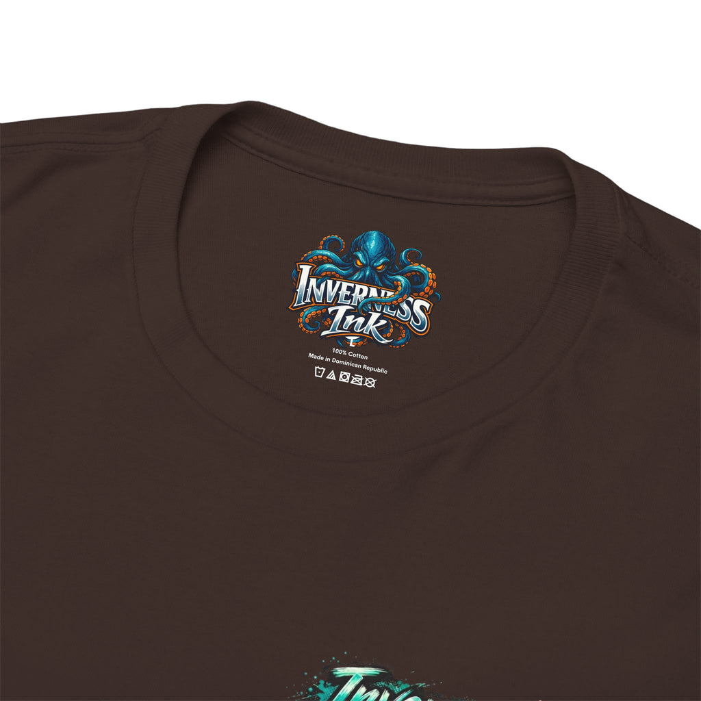 Inverness Ink Graphic Tee — Bold Blue & Orange Splash Backprint
