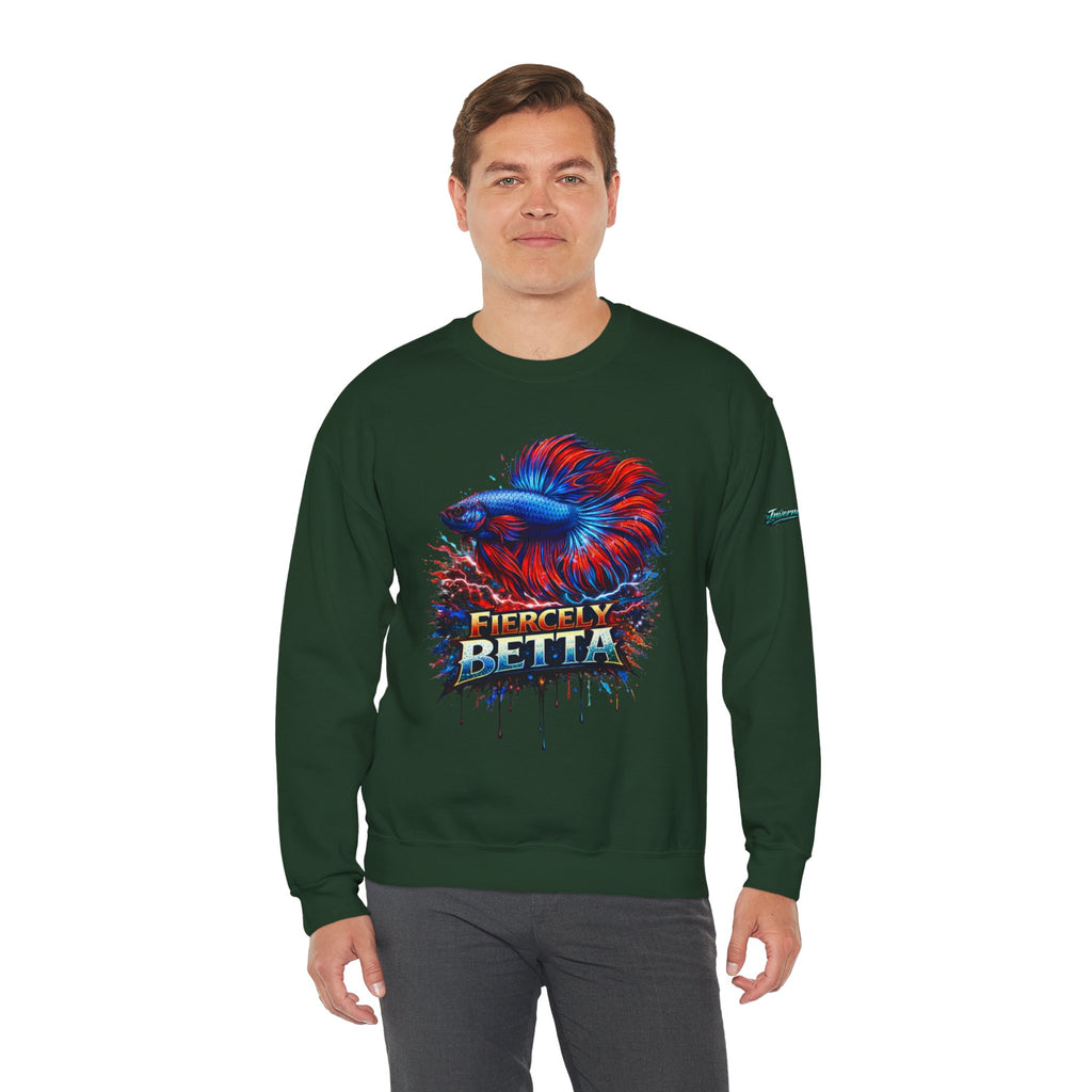 Betta Fish Crewneck Sweatshirt — "Fiercely Betta" Colorful Aquarium Graphic