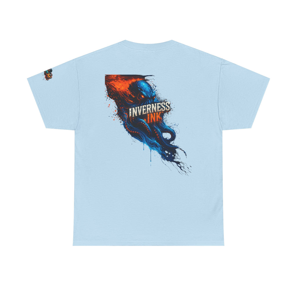 Inverness Ink Graphic Tee — Bold Blue & Orange Splash Backprint