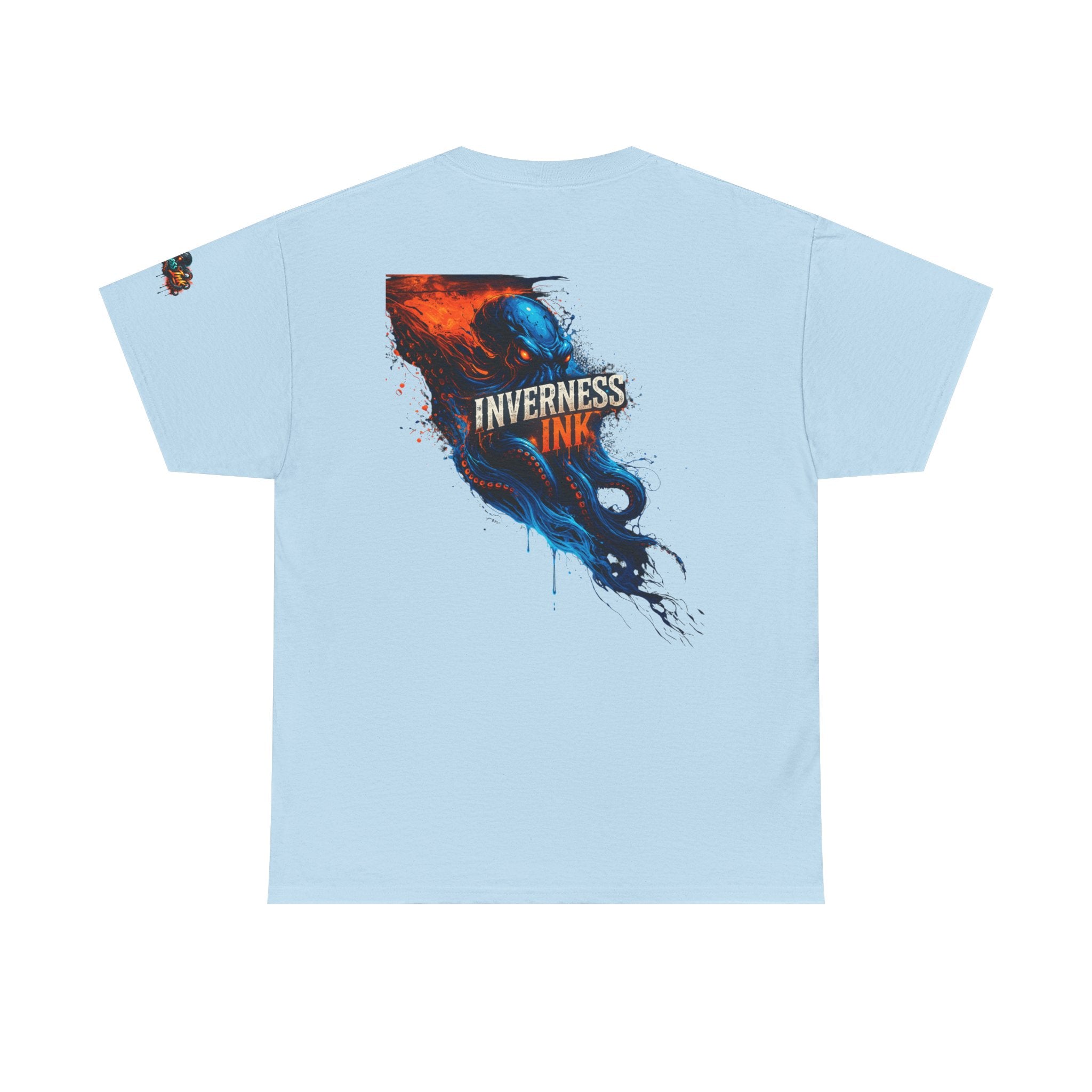 Inverness Ink Graphic Tee — Bold Blue & Orange Splash Backprint