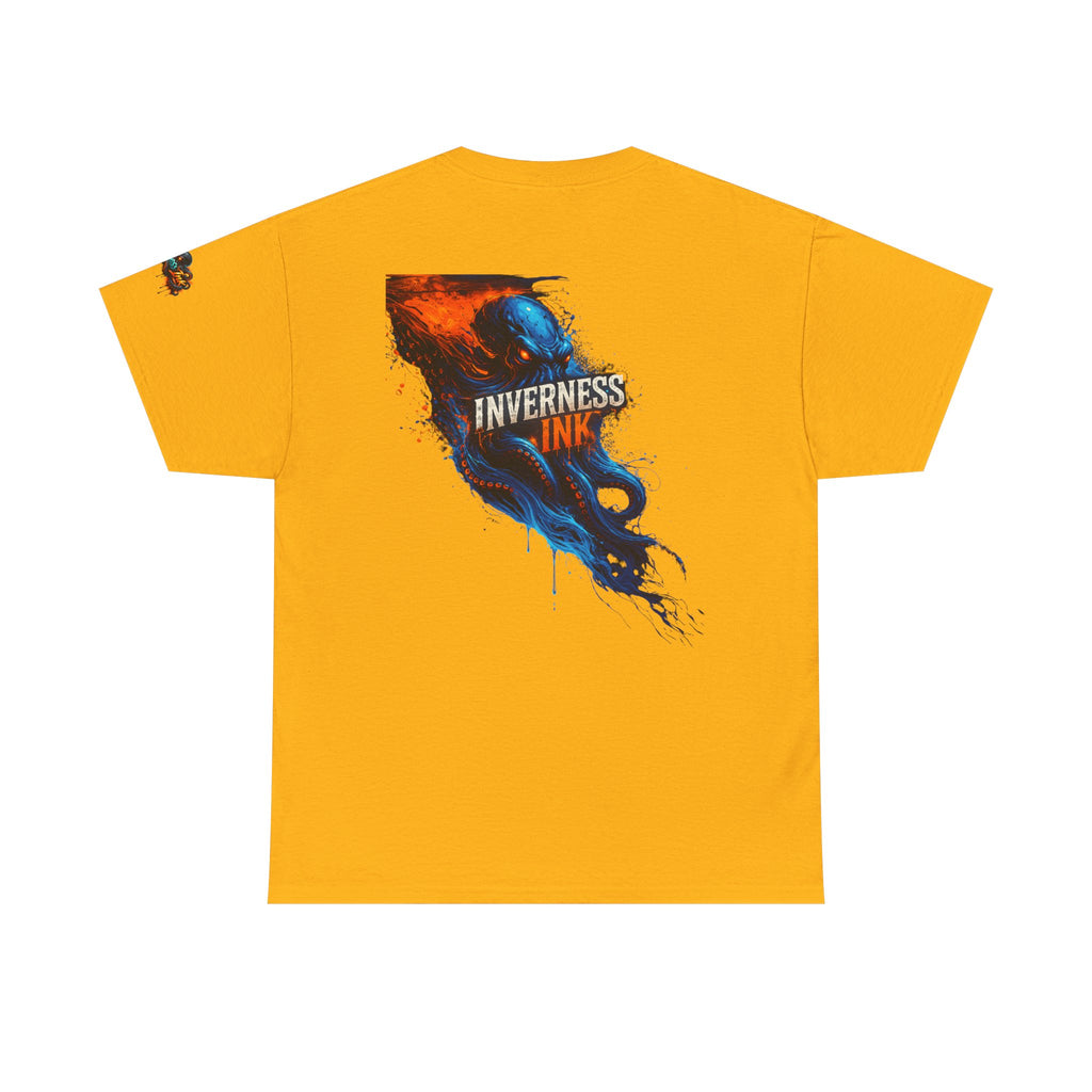 Inverness Ink Graphic Tee — Bold Blue & Orange Splash Backprint