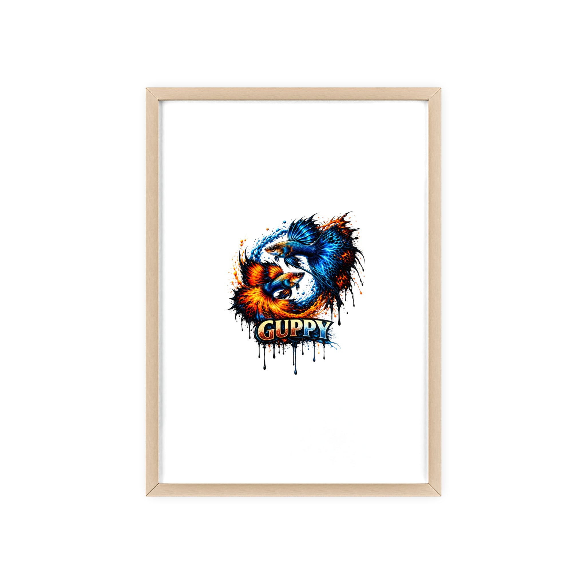 Guppy Fish Art Poster with Wooden Frame — Colorful Koi-Style Aquarium Print