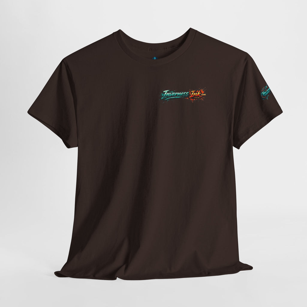 Inverness Ink Graphic Tee — Bold Blue & Orange Splash Backprint