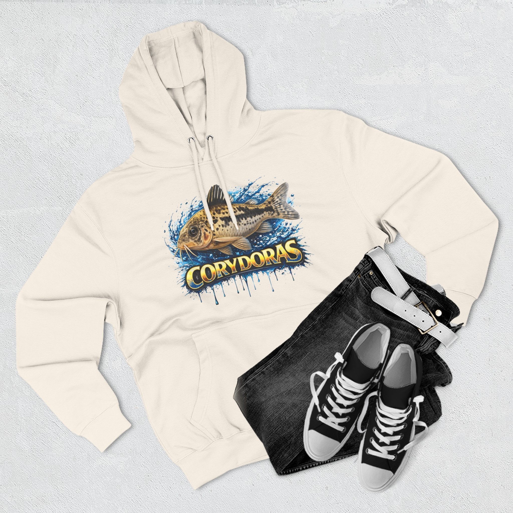 Peppered Corydoras Midweight Fleece Hoodie — Aquatic Catfish Illustration Pullover