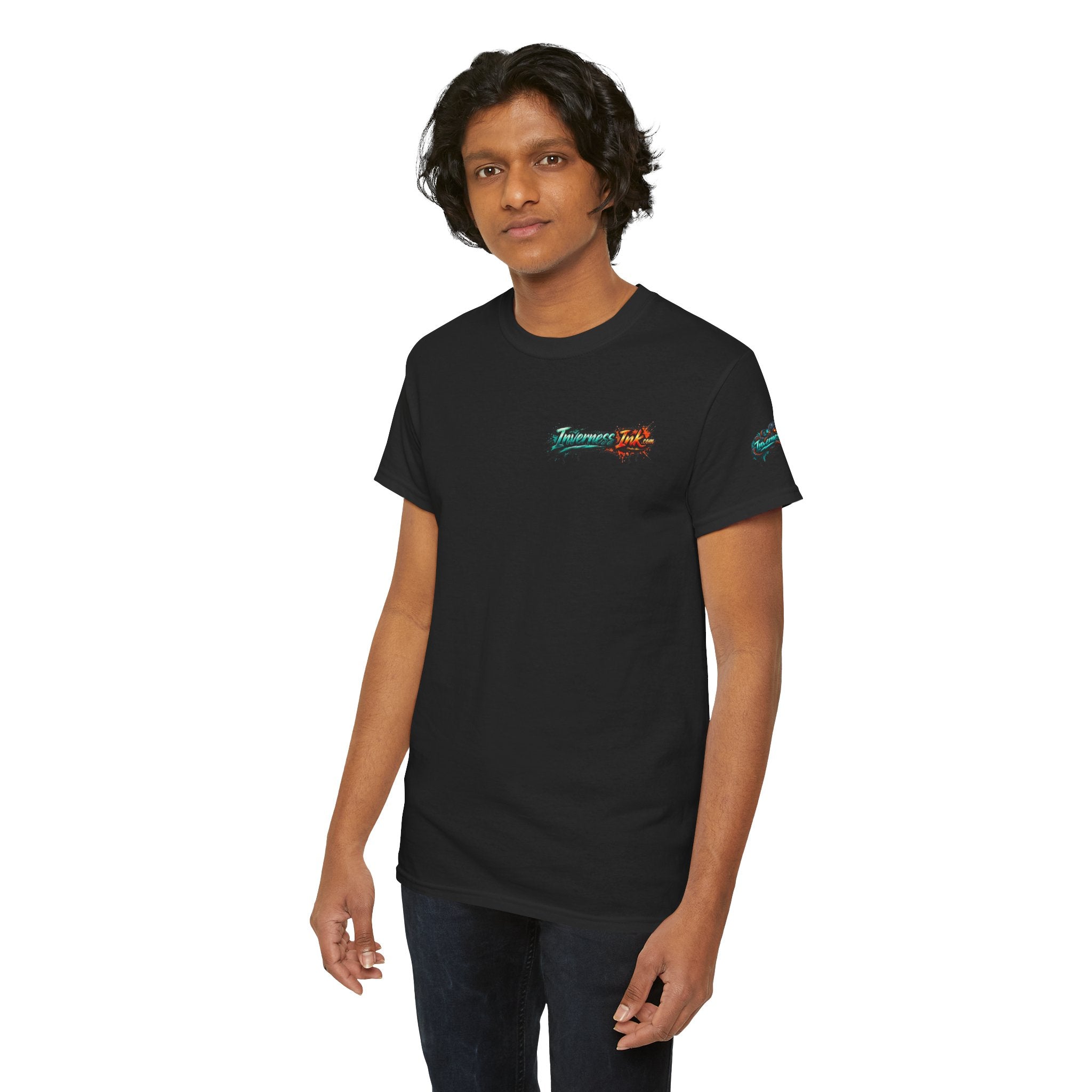Inverness Ink Graphic Tee — Bold Blue & Orange Splash Backprint