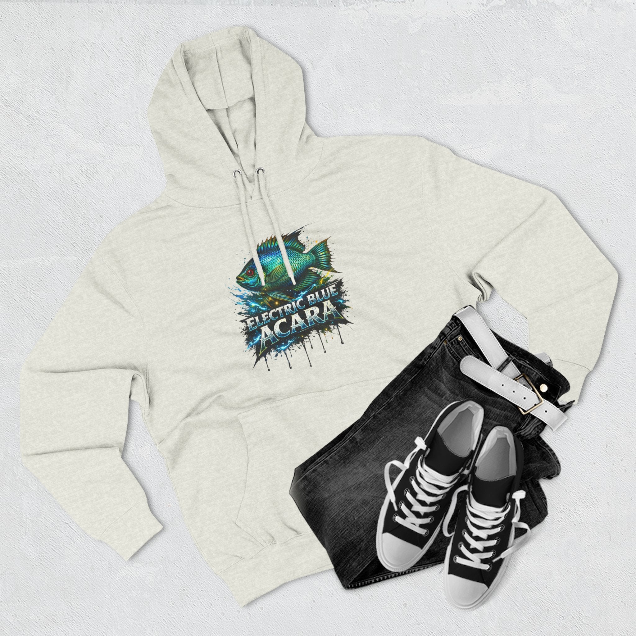 Electric Blue Acara Hoodie — Colorful Aquarium Fish Graphic Fleece Pullover