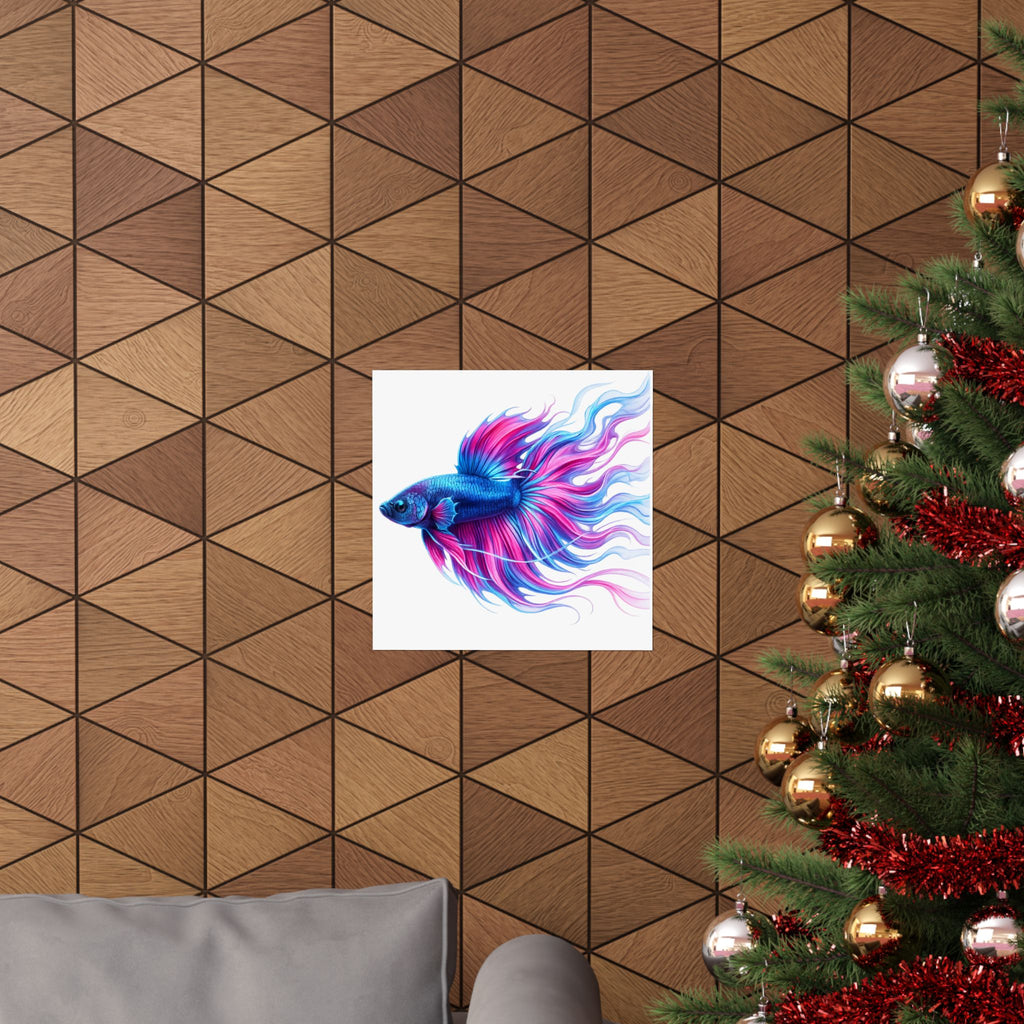 Betta Fish Art Poster — Colorful Blue & Pink Matte Vertical Wall Print