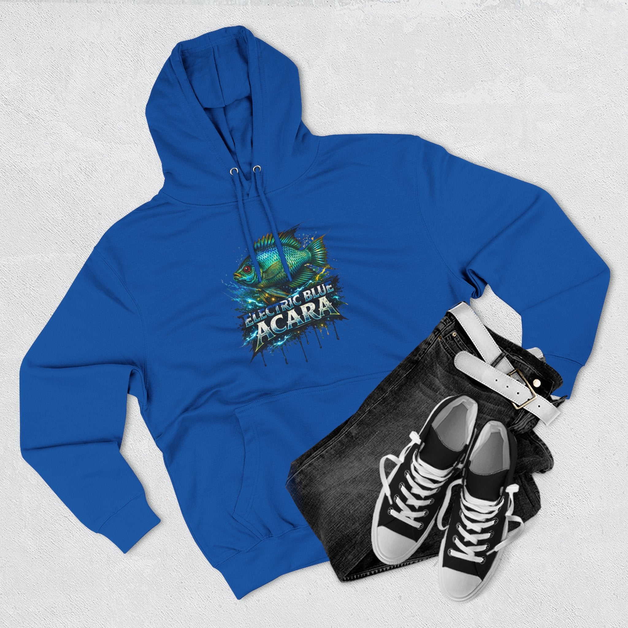 Electric Blue Acara Hoodie — Colorful Aquarium Fish Graphic Fleece Pullover