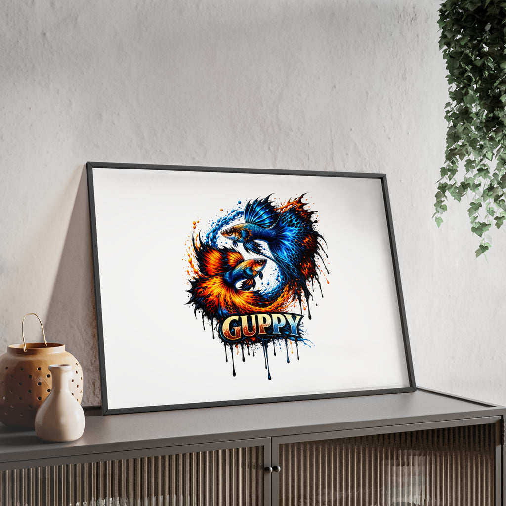 Guppy Fish Art Poster with Wooden Frame — Colorful Koi-Style Aquarium Print