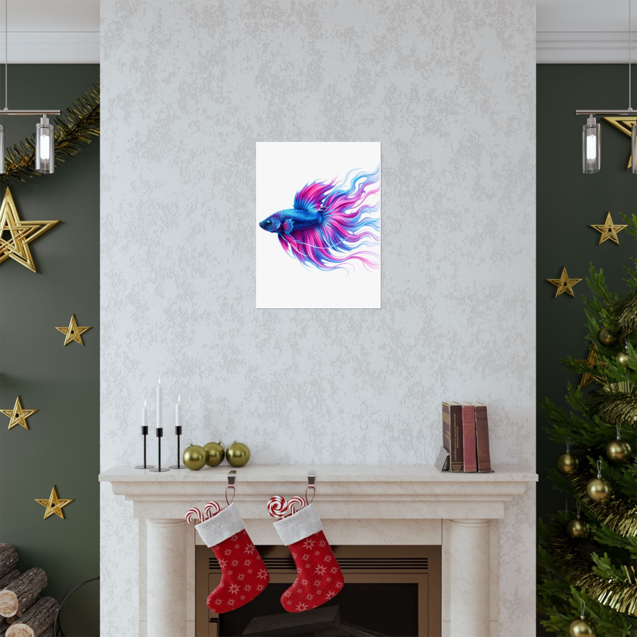 Betta Fish Art Poster — Colorful Blue & Pink Matte Vertical Wall Print