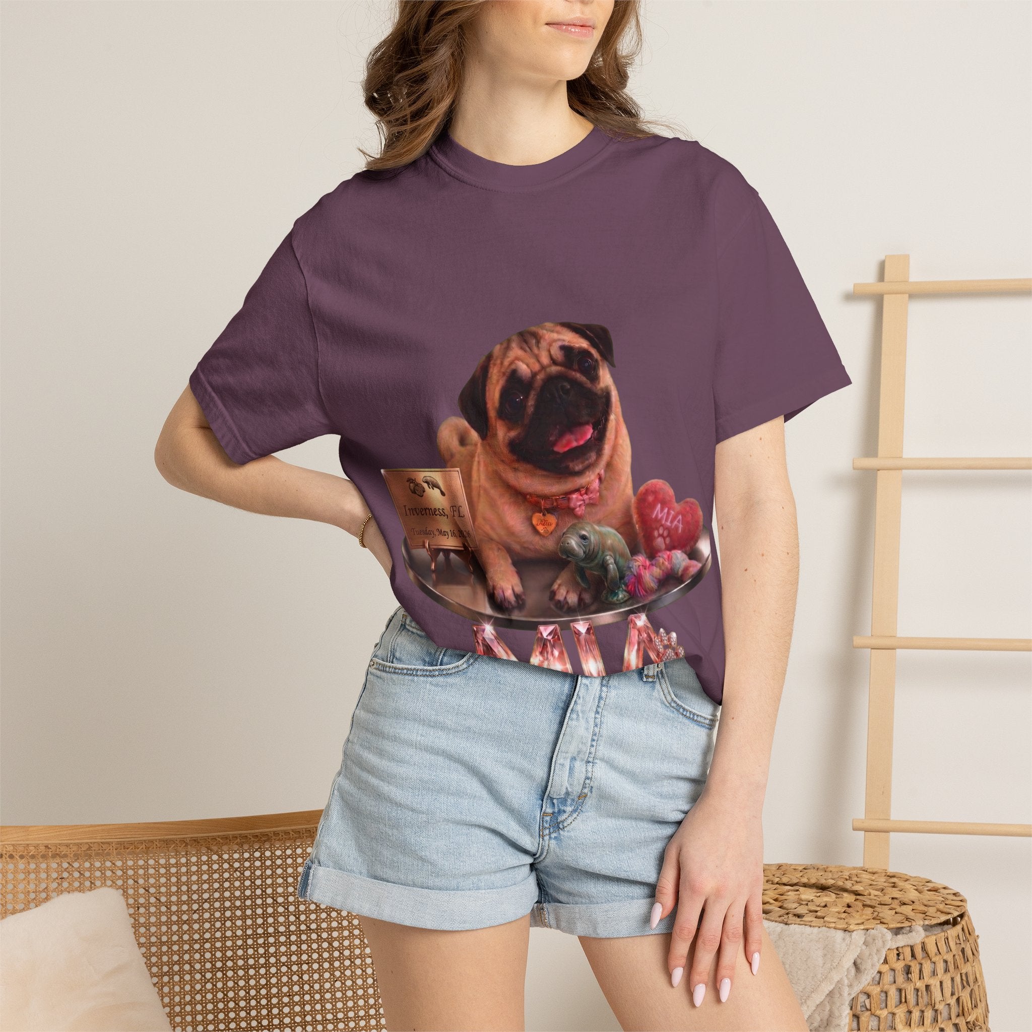 Pug Pet Portrait T-Shirt — Personalized "MIA" Dog Design