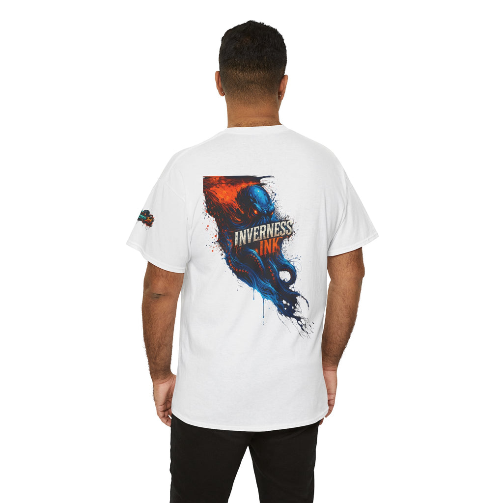 Inverness Ink Graphic Tee — Bold Blue & Orange Splash Backprint