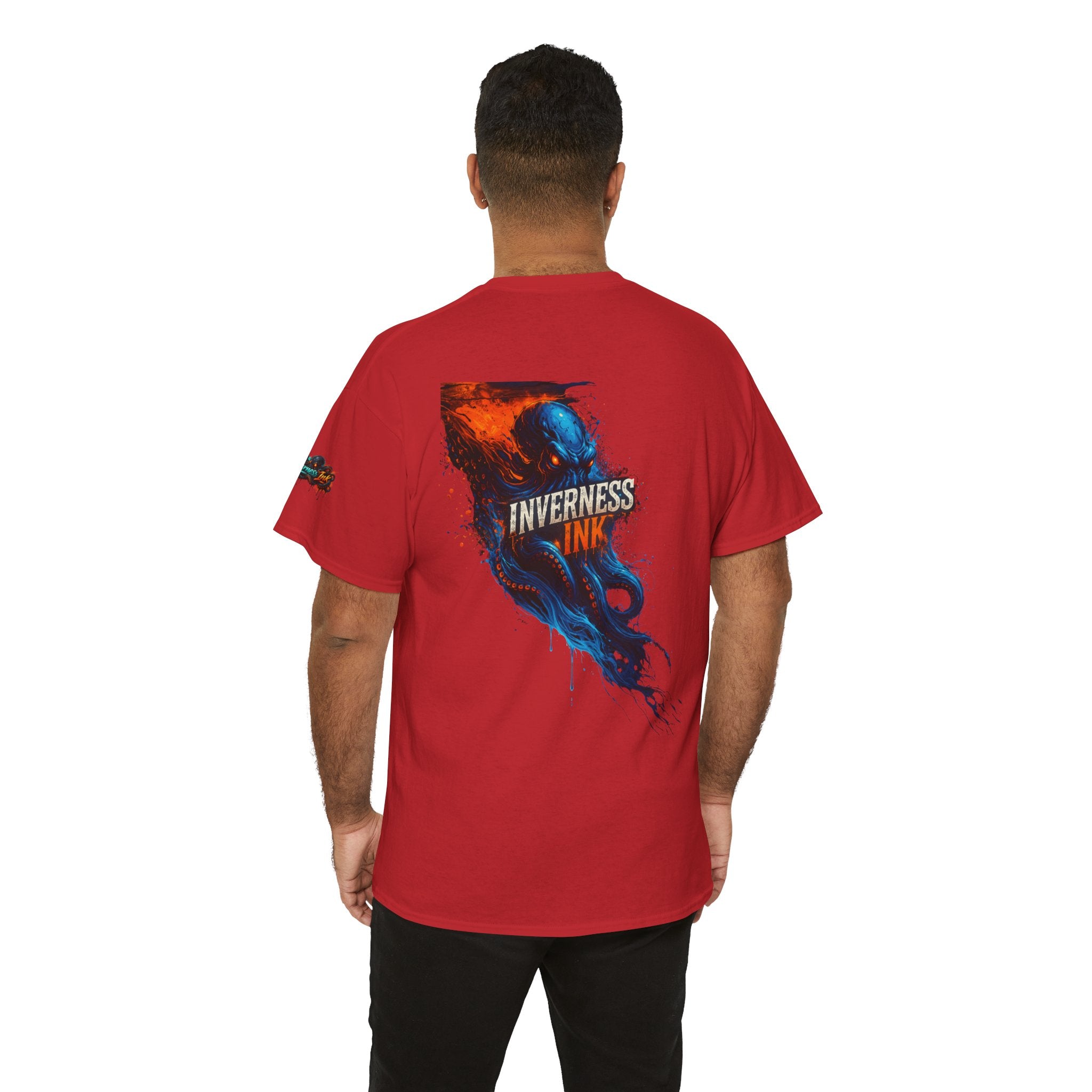 Inverness Ink Graphic Tee — Bold Blue & Orange Splash Backprint