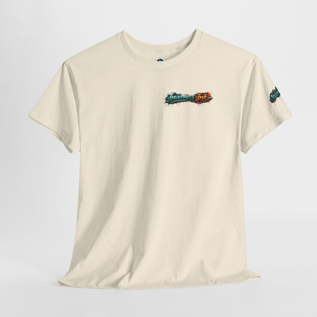 Inverness Ink Graphic Tee — Bold Blue & Orange Splash Backprint