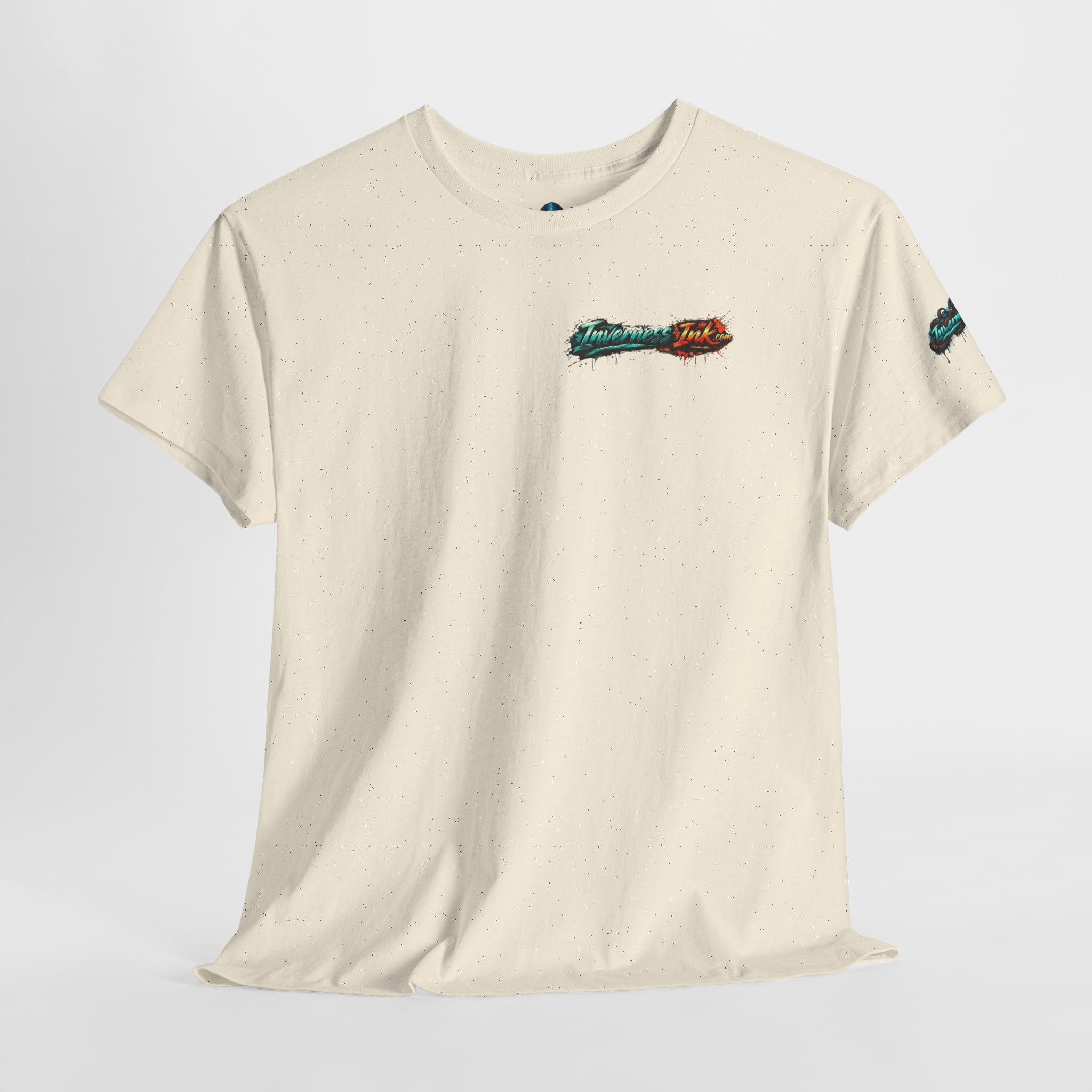 Inverness Ink Graphic Tee — Bold Blue & Orange Splash Backprint