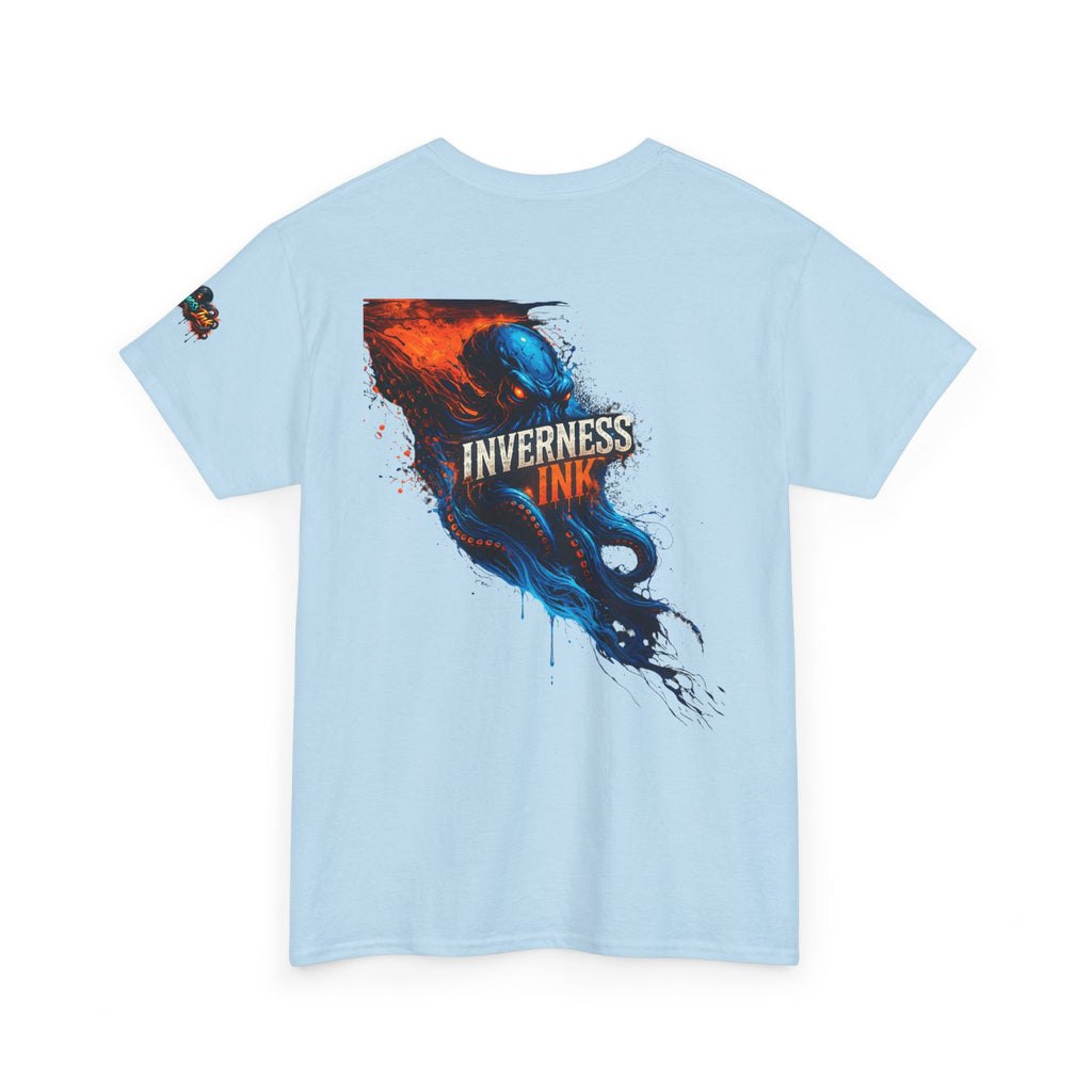 Inverness Ink Graphic Tee — Bold Blue & Orange Splash Backprint