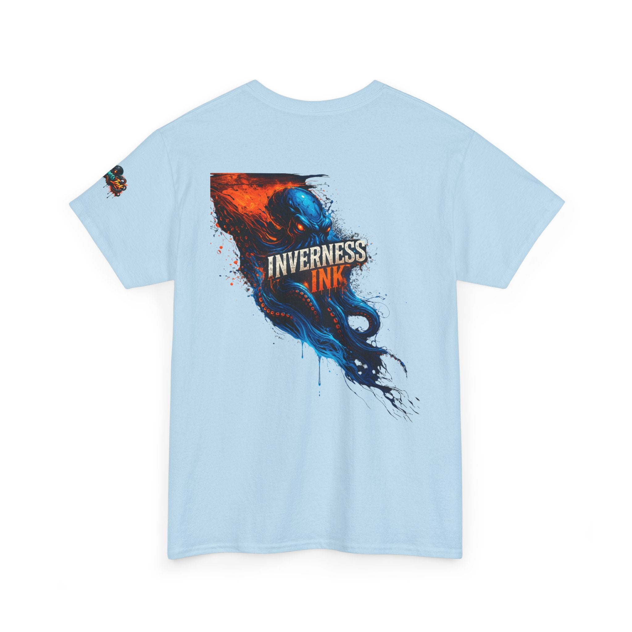 Inverness Ink Graphic Tee — Bold Blue & Orange Splash Backprint