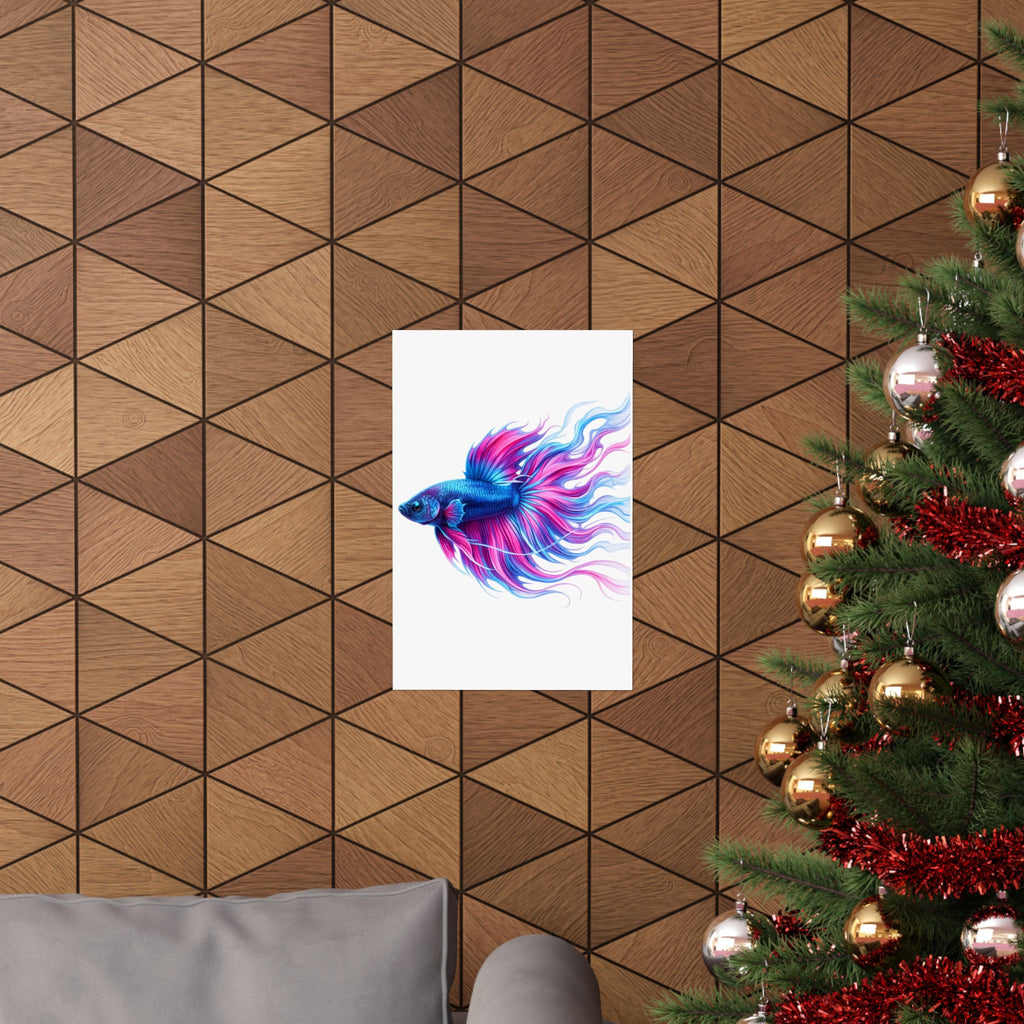 Betta Fish Art Poster — Colorful Blue & Pink Matte Vertical Wall Print