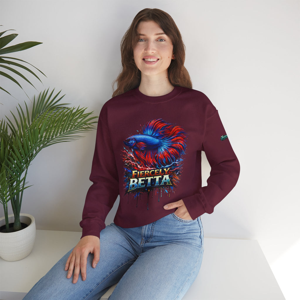 Betta Fish Crewneck Sweatshirt — "Fiercely Betta" Colorful Aquarium Graphic