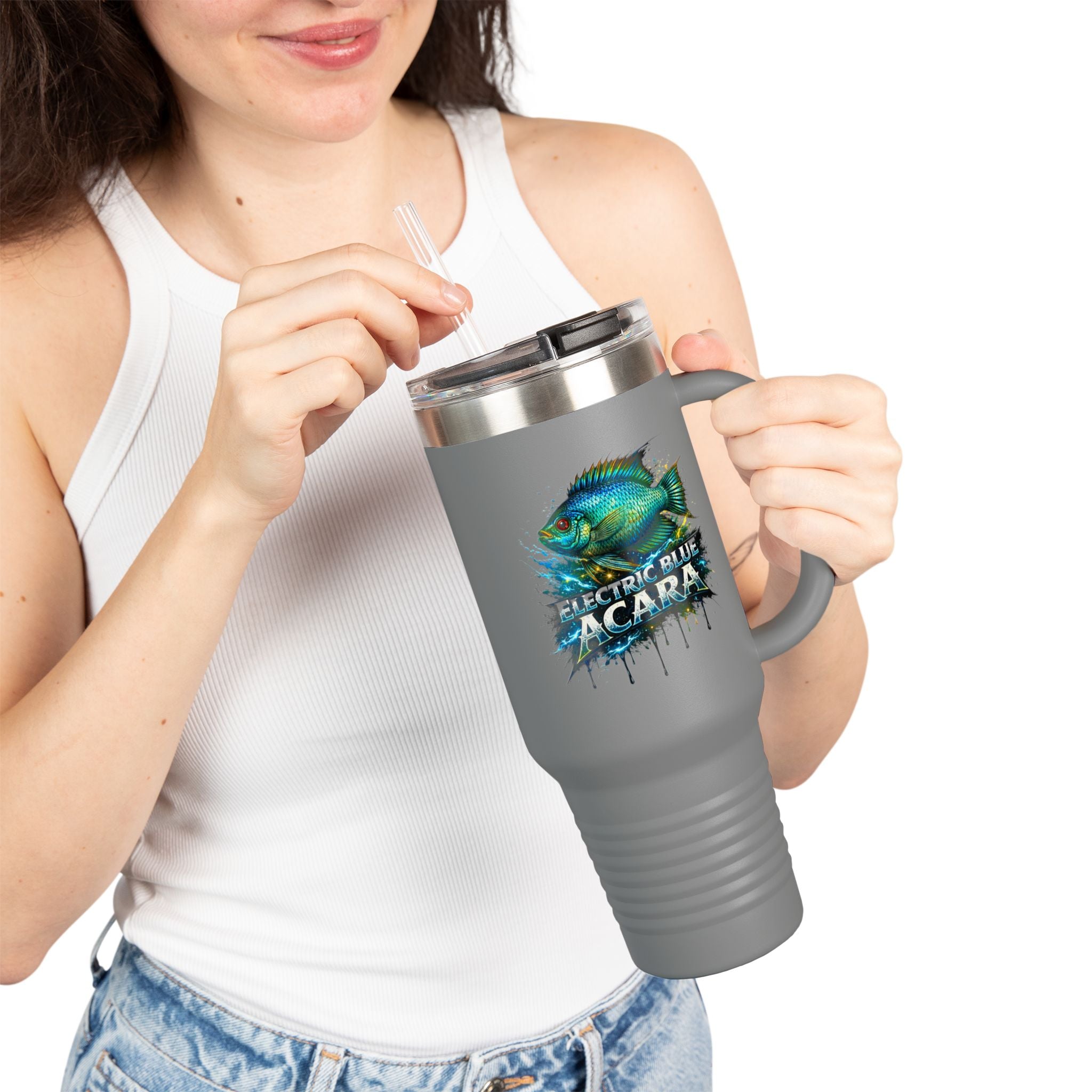 40oz Insulated Travel Mug - 'Electric Blue Acara' Fish Graphic, Leak-Resistant Tumbler for Aquarium Enthusiasts