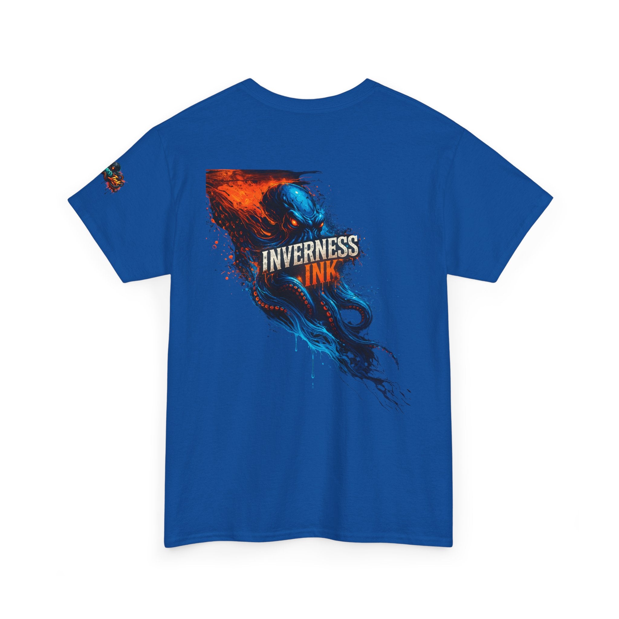 Inverness Ink Graphic Tee — Bold Blue & Orange Splash Backprint