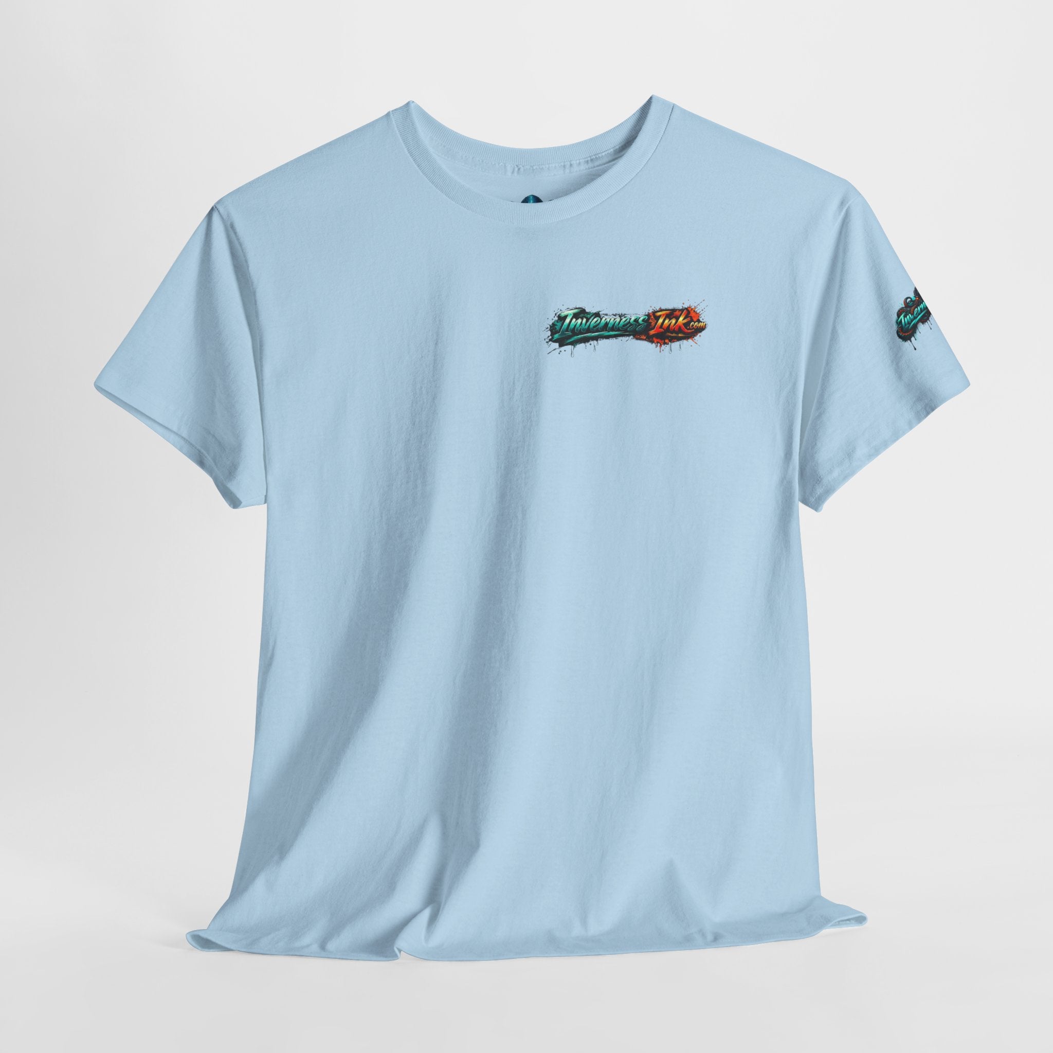 Inverness Ink Graphic Tee — Bold Blue & Orange Splash Backprint