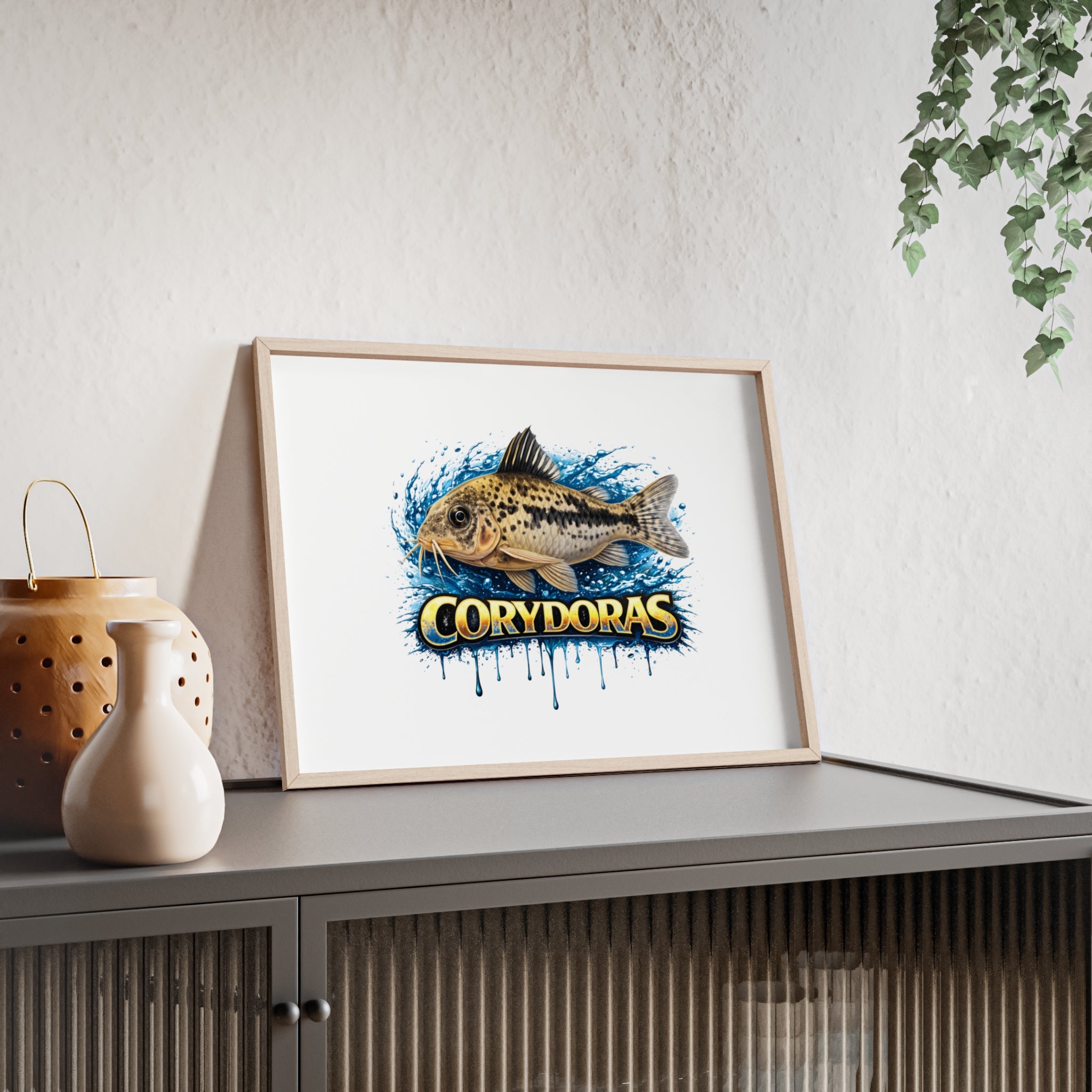 Peppered Corydoras Fish Poster with Wooden Frame — Aquarium Wall Art