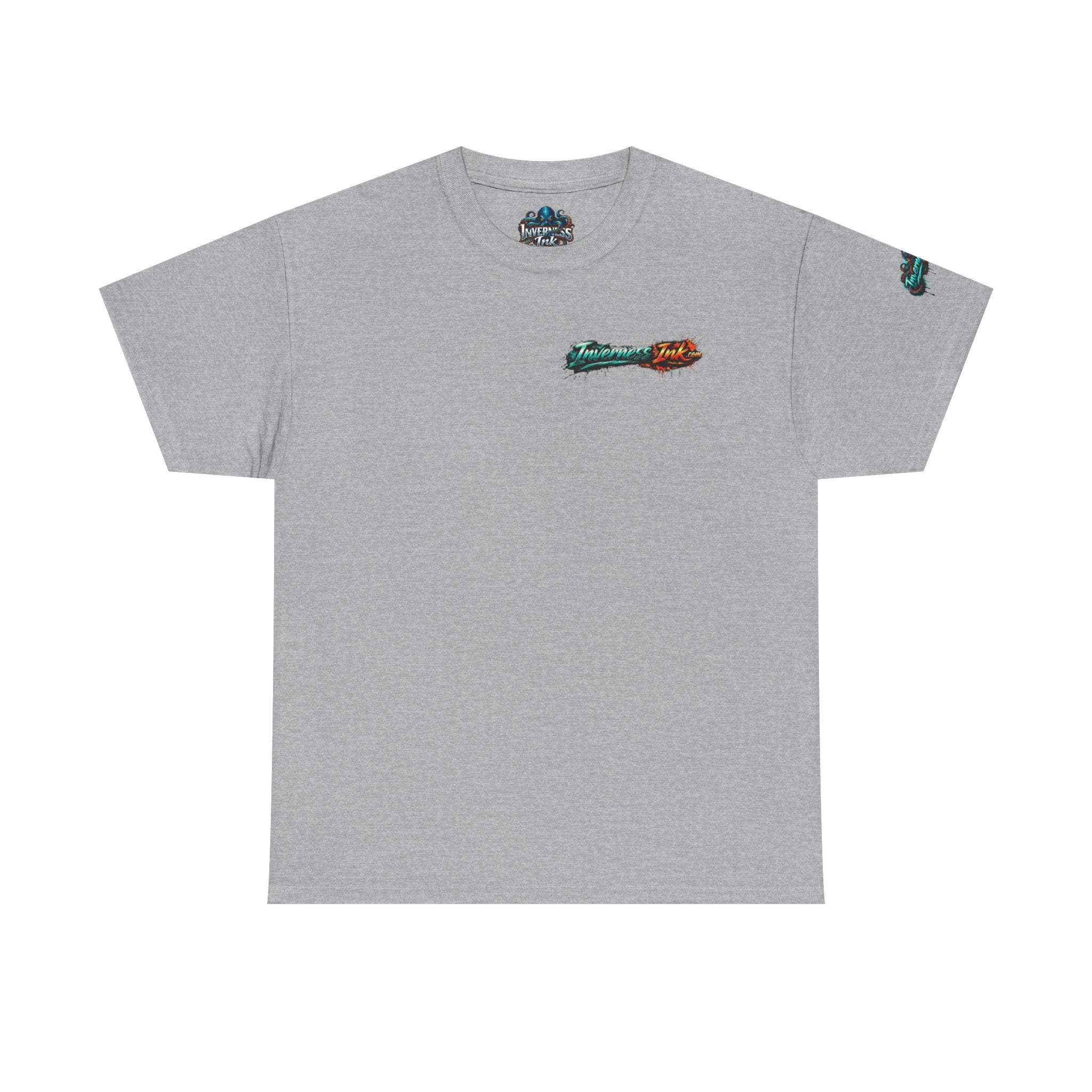 Inverness Ink Graphic Tee — Bold Blue & Orange Splash Backprint