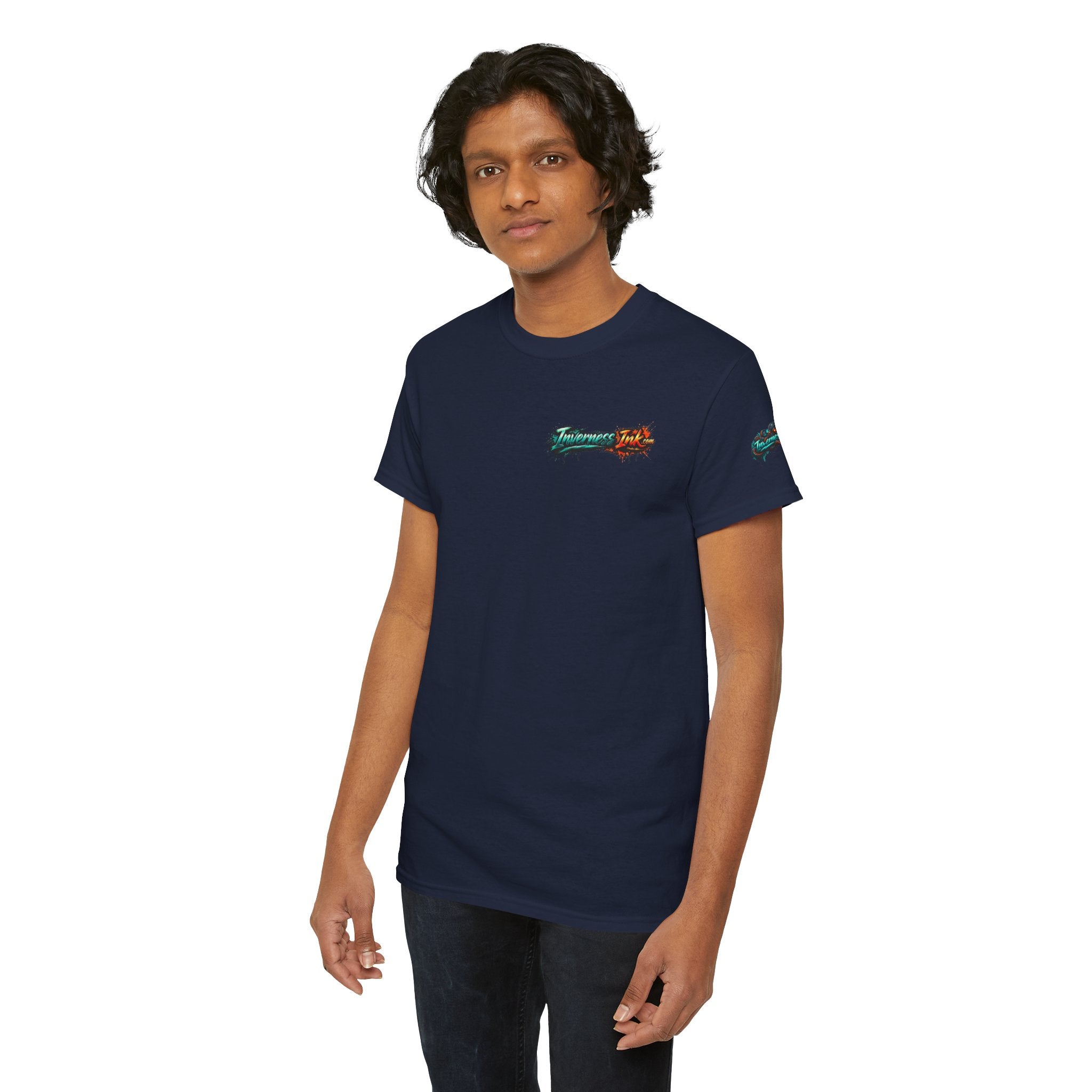 Inverness Ink Graphic Tee — Bold Blue & Orange Splash Backprint