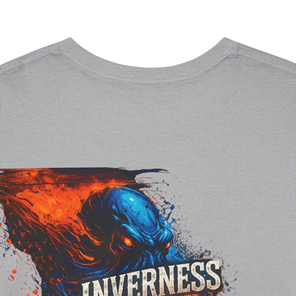 Inverness Ink Graphic Tee — Bold Blue & Orange Splash Backprint