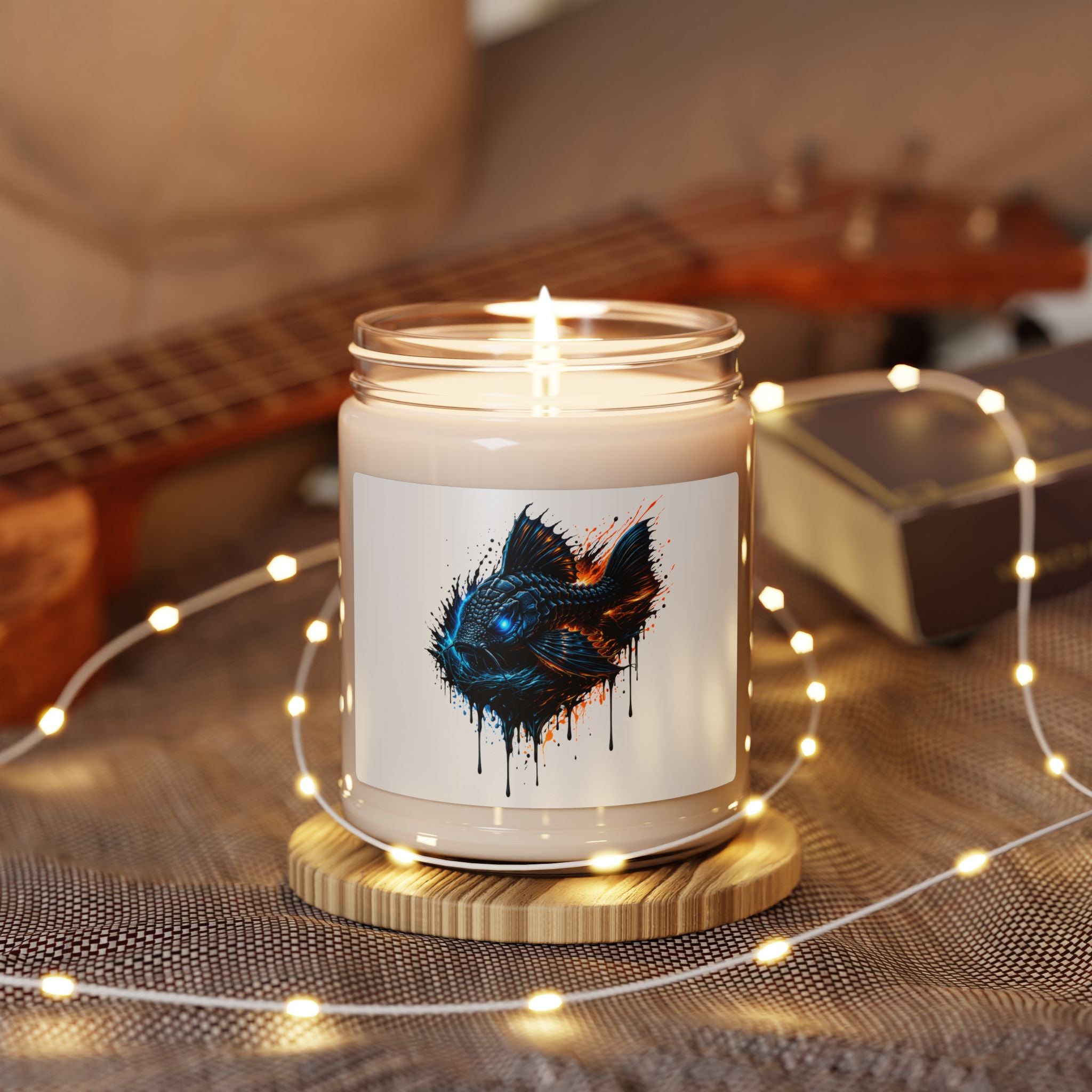 9oz Scented Soy Candle — Blue Neon Fish Art (Aquatic Drip Design) L-185