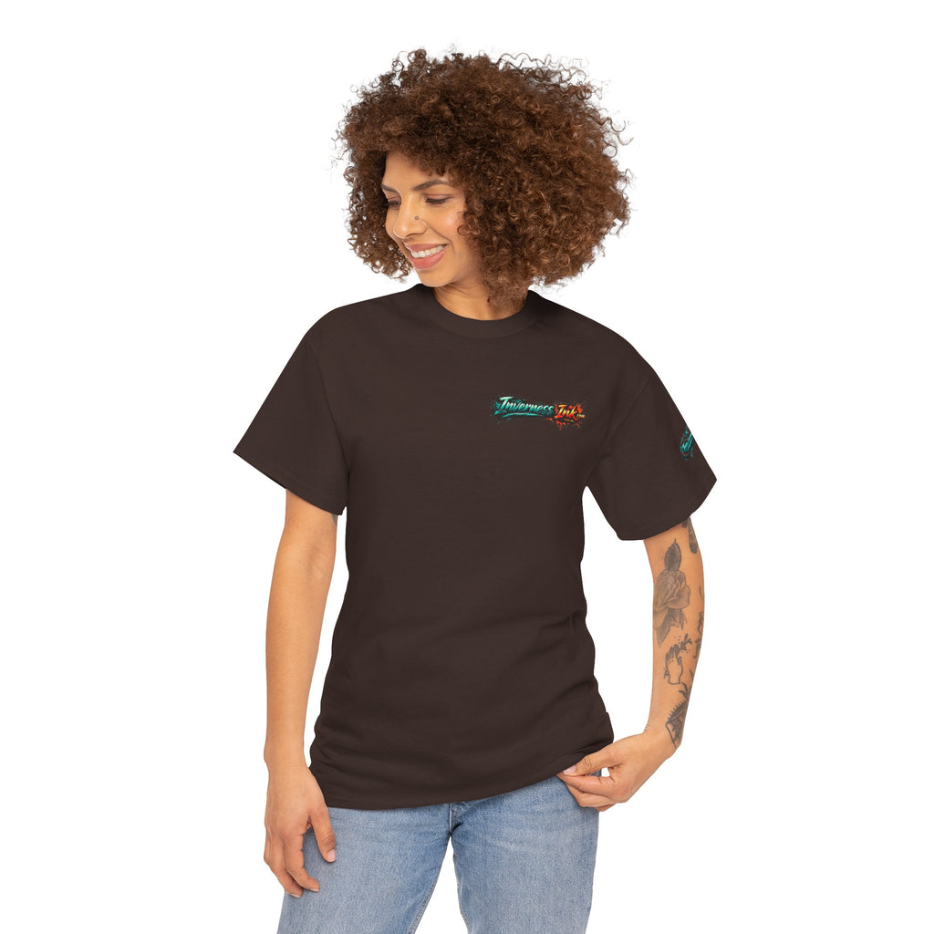 Inverness Ink Graphic Tee — Bold Blue & Orange Splash Backprint