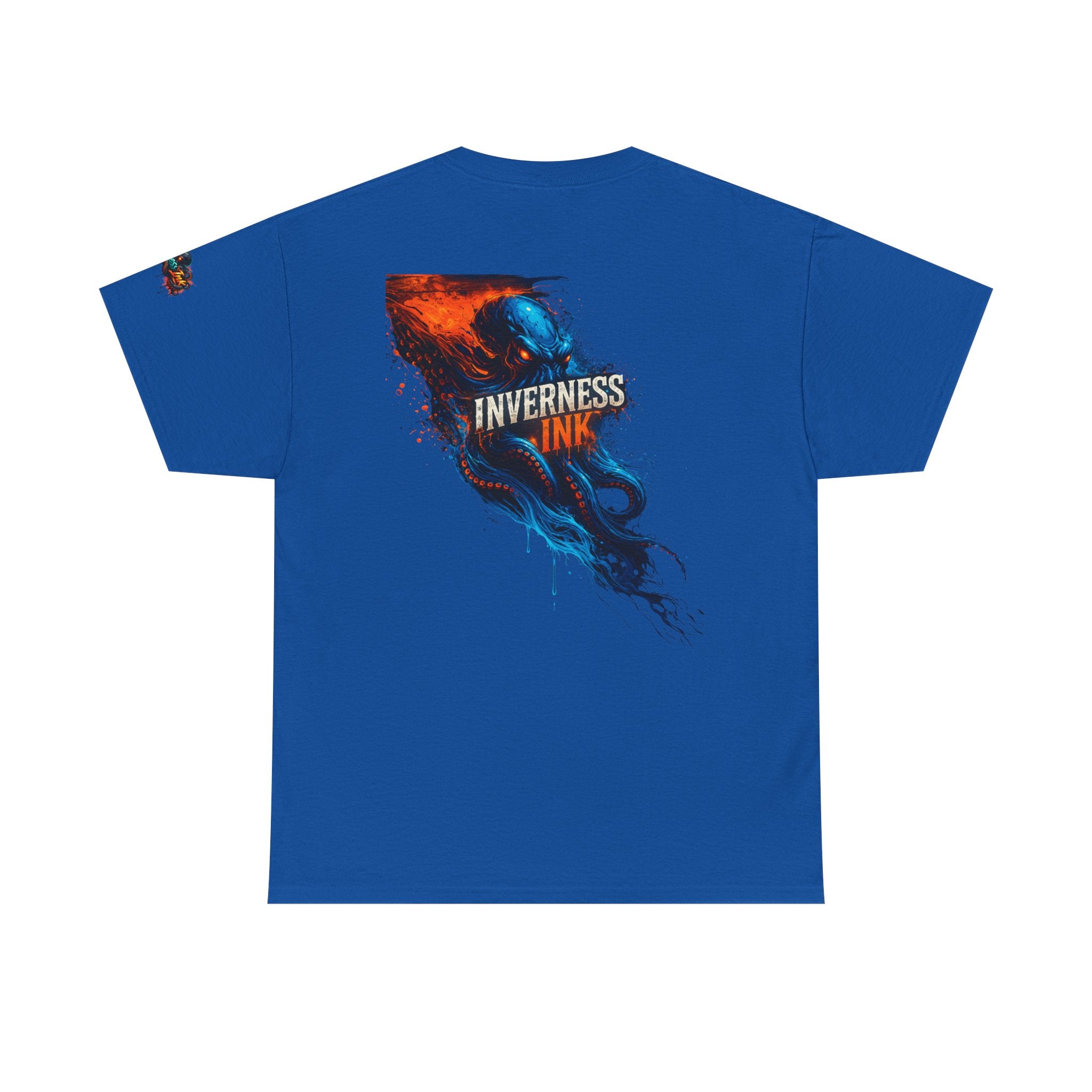 Inverness Ink Graphic Tee — Bold Blue & Orange Splash Backprint